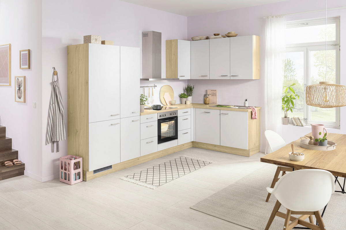 ECKKÜCHE 320/185 cm  Eichefarben, Hellgrau  - Edelstahlfarben/Eichefarben, Basics, Holzwerkstoff/Metall (320/185cm) - Venda