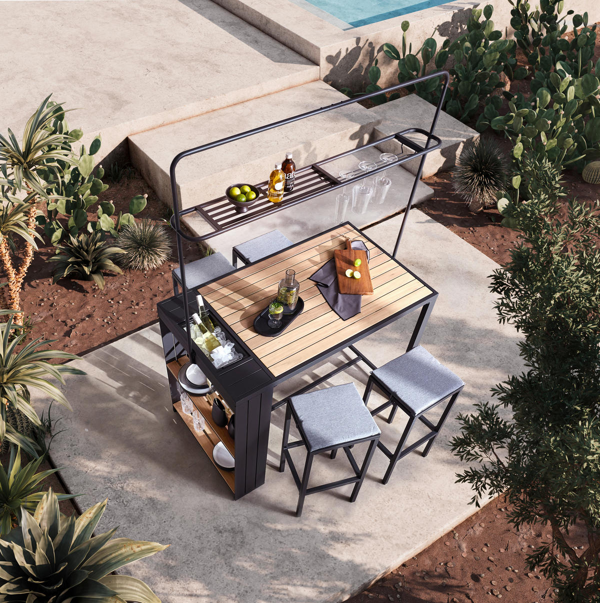 GARTENBARSET 5-teilig  - Dunkelgrau/Grau, Design, Holz/Textil (145/208/80cm) - Ambia Garden