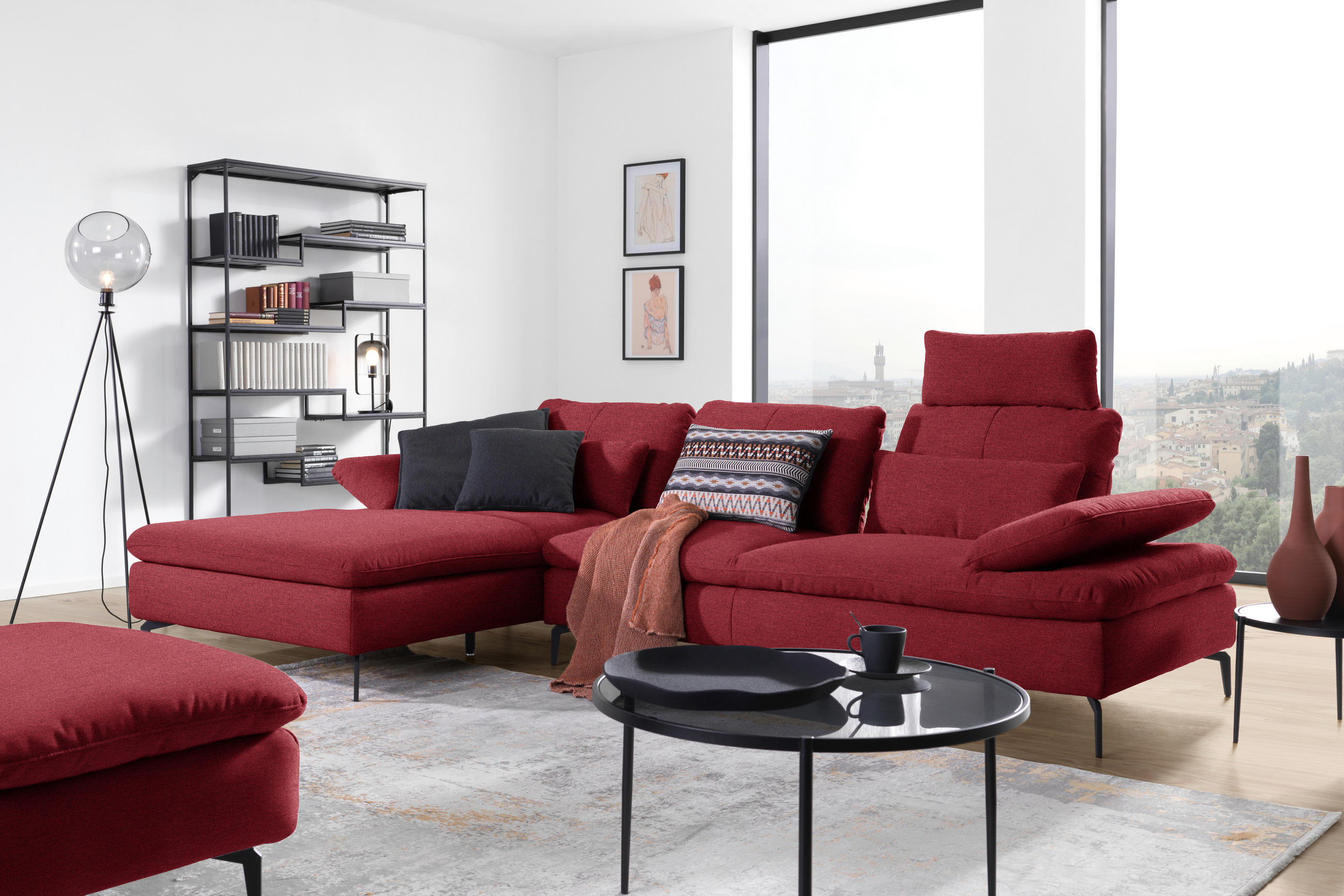 ECKSOFA in Webstoff Bordeaux  - Bordeaux/Schwarz, Design, Textil/Metall (179/301cm) - Chilliano