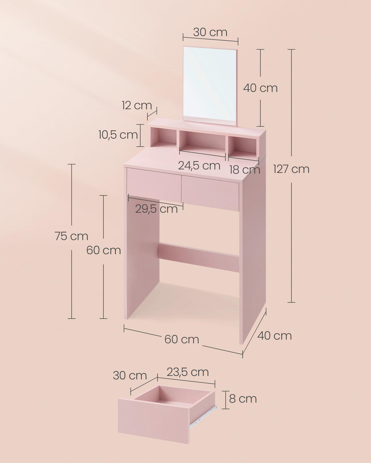 TOALETNÝ STOLÍK, 60/40/127 cm - pink, Modern, kompozitné drevo/sklo (60/40/127cm) - MID.YOU