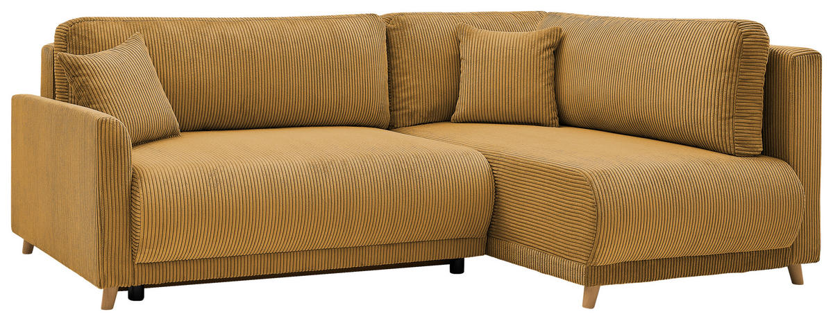 ECKSOFA MILOS Gelb Cord Rückenkissen, Bettkasten, Schlaffunktion, Rücken echt  - Gelb/Naturfarben, Design, Textil (224/148cm) - P & B