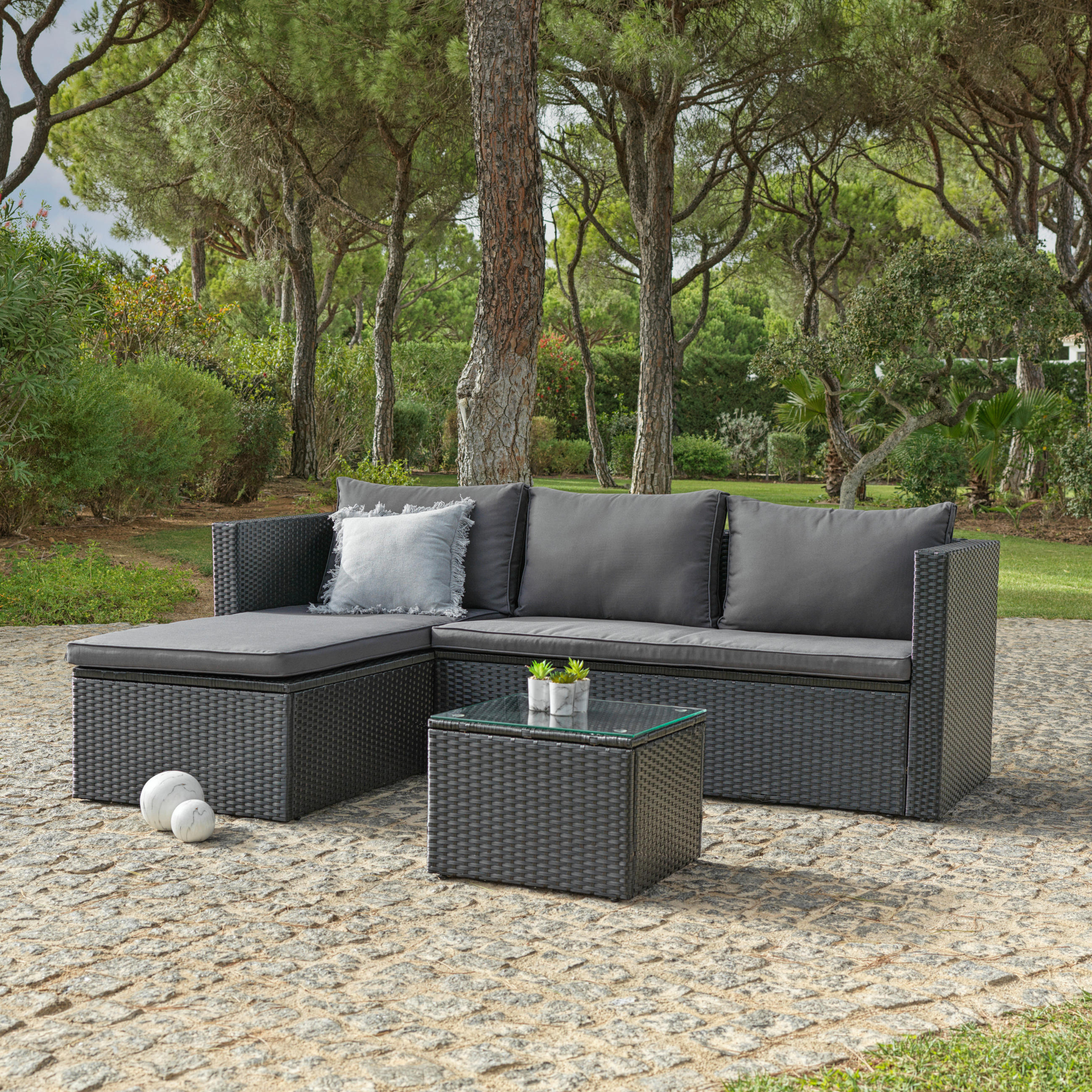 LOUNGEGARNITUR 137/215 cm Stahl  - Dunkelgrau/Schwarz, MODERN, Glas/Kunststoff (137/215cm) - Ambia Garden