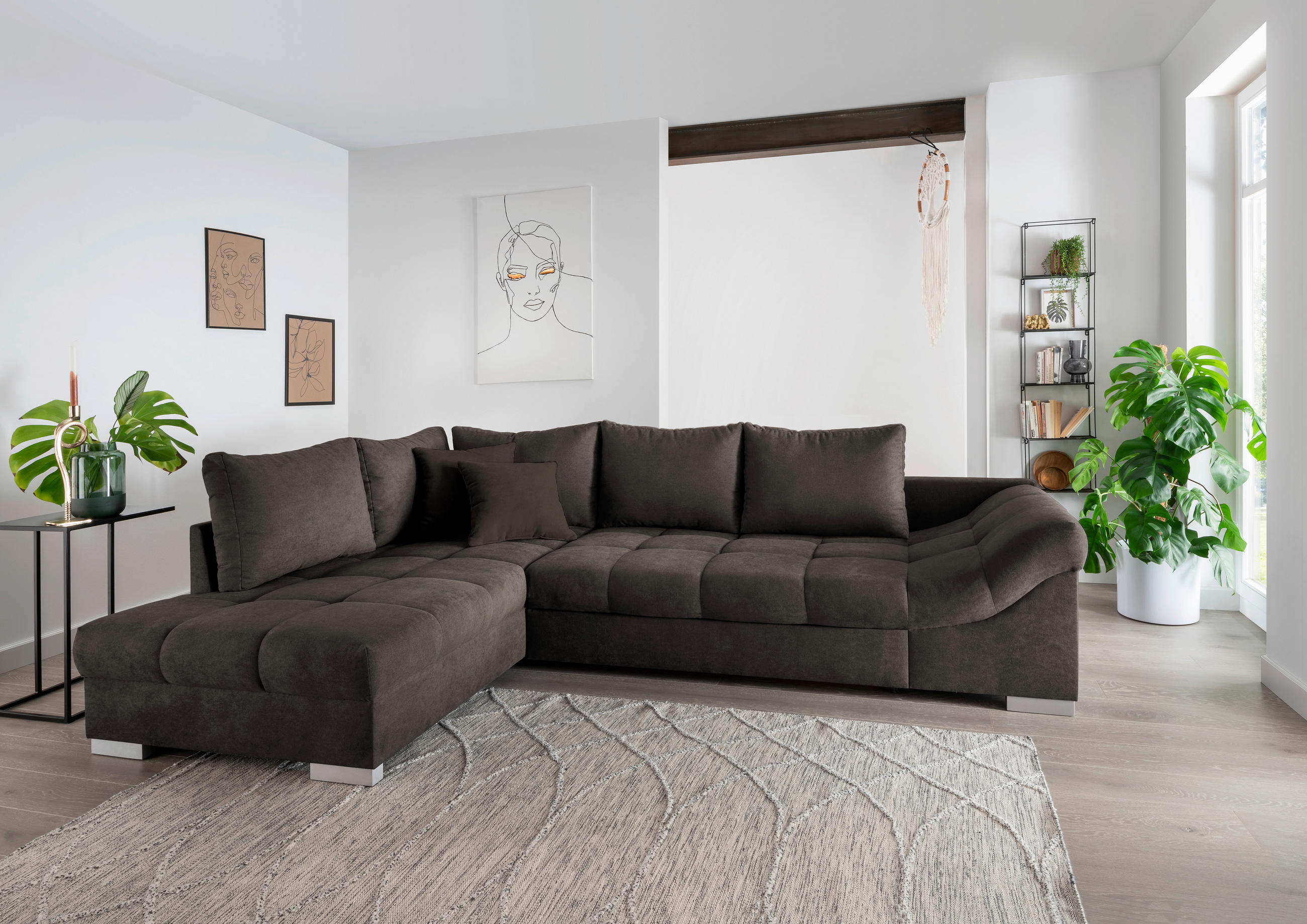 ECKSCHLAFSOFA in Dunkelbraun Textil   - Dunkelbraun/Silberfarben, Design, Holz/Textil (202/298cm) - Livetastic