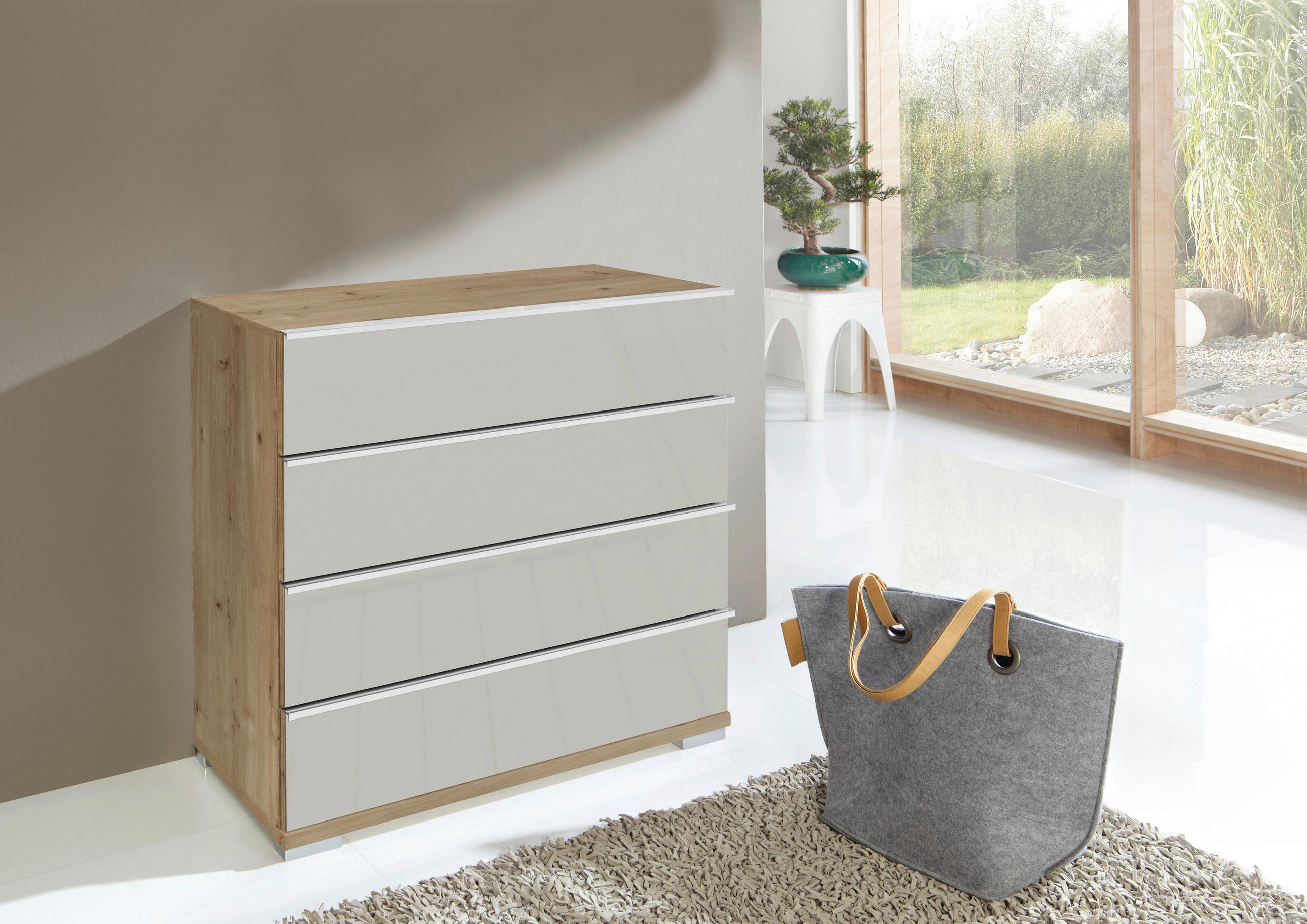 KOMMODE in 75/82/42 cm - Chromfarben/Eiche Bianco, Basics, Glas/Holzwerkstoff (75/82/42cm) - Venda