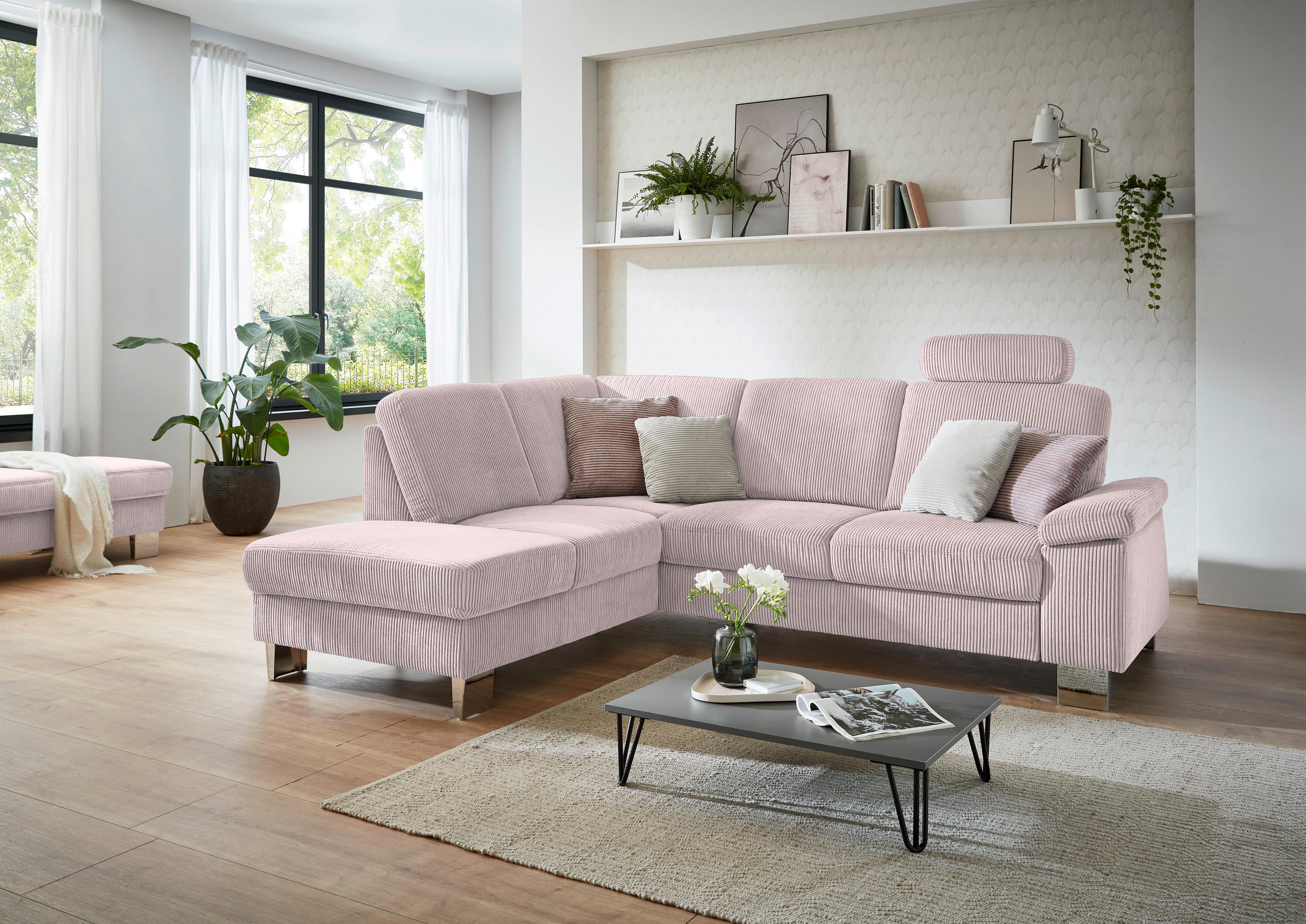 ECKSOFA in Cord Altrosa  - Edelstahlfarben/Altrosa, Konventionell, Textil/Metall (200/248cm) - Beldomo System