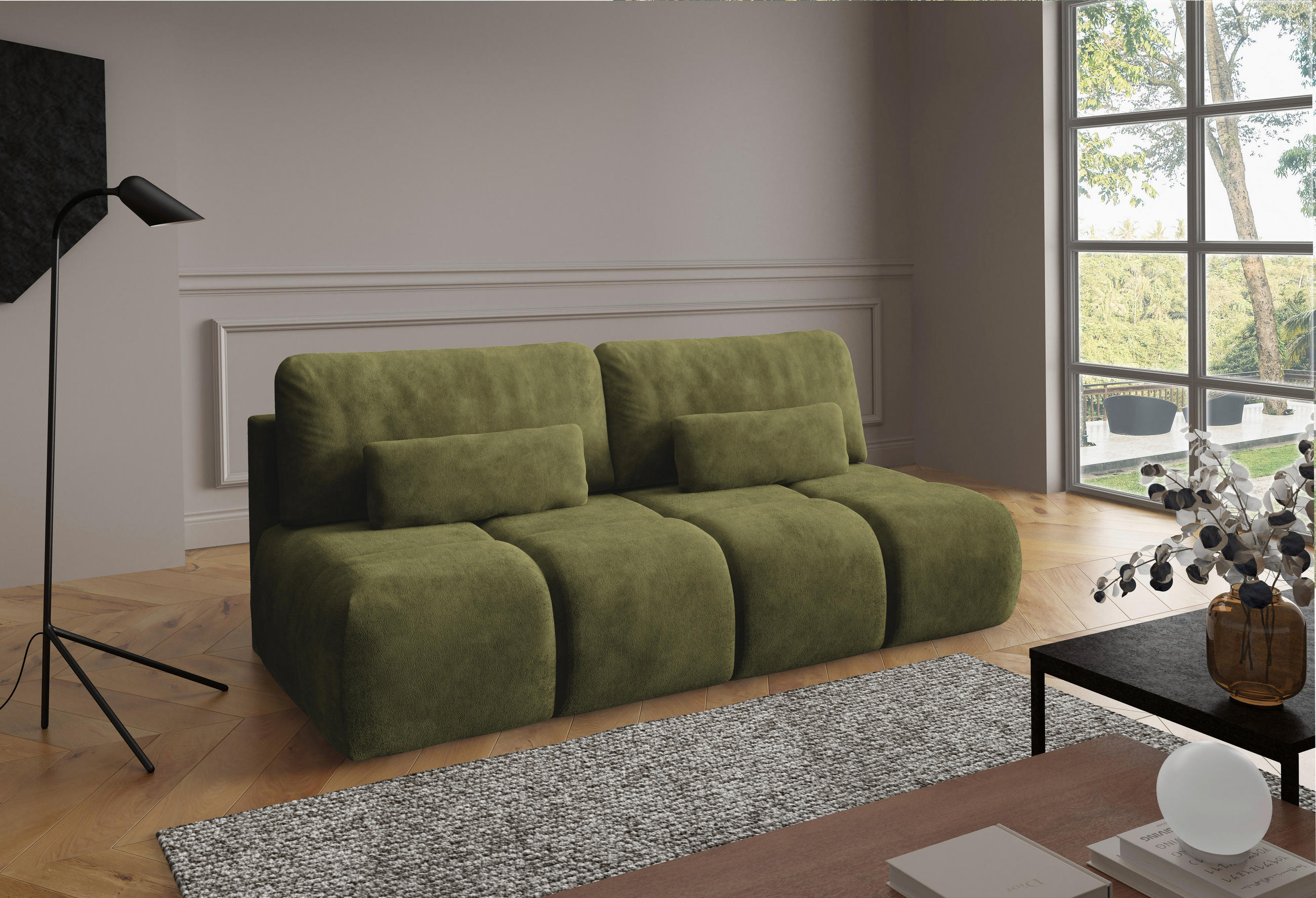 SCHLAFSOFA MARON Samt Olivgrün  inkl.  - Schwarz/Olivgrün, Design, Kunststoff/Textil (219/94/110cm) - Livetastic