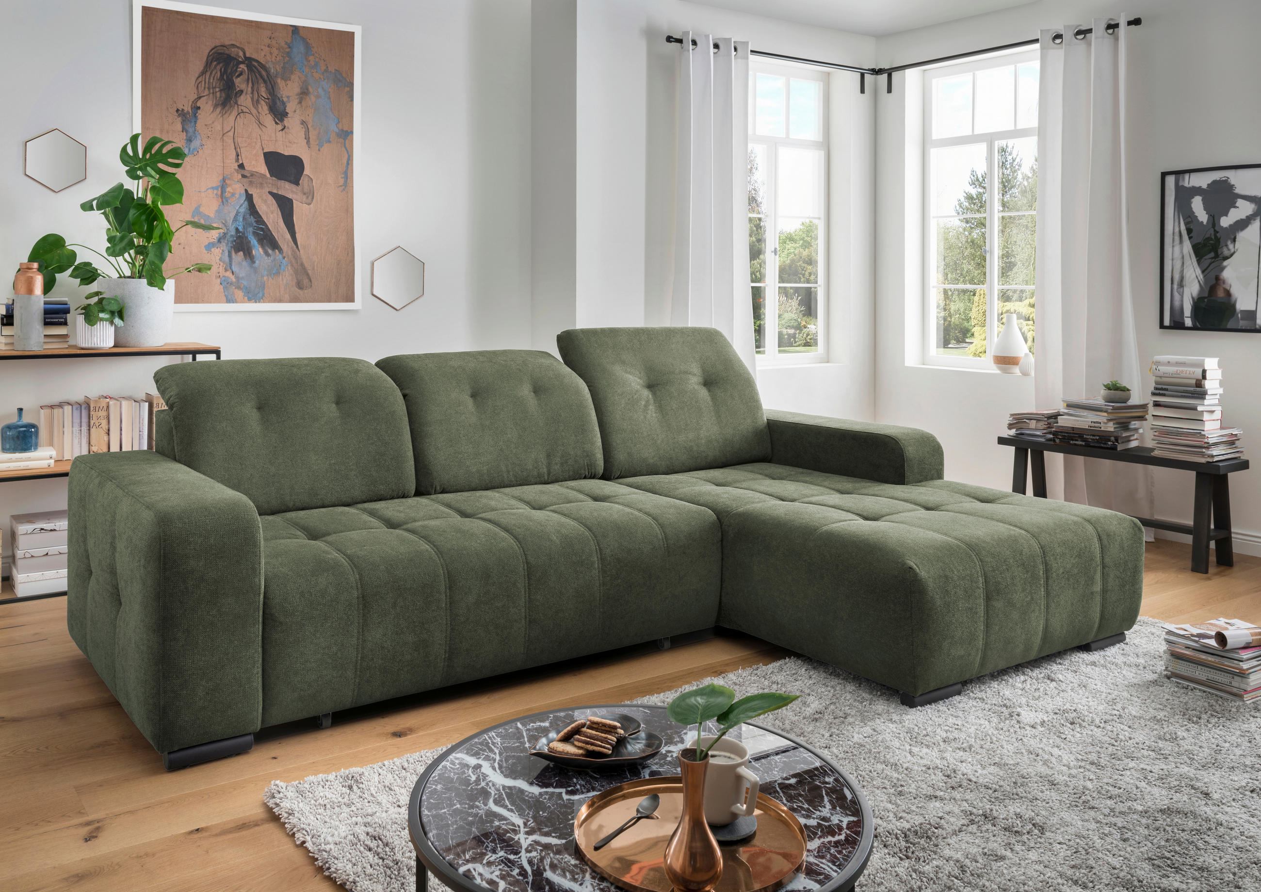 ECKSOFA in Chenille Dunkelgrün  - Dunkelgrün/Schwarz, Modern, Textil/Metall (185/292cm) - Livetastic