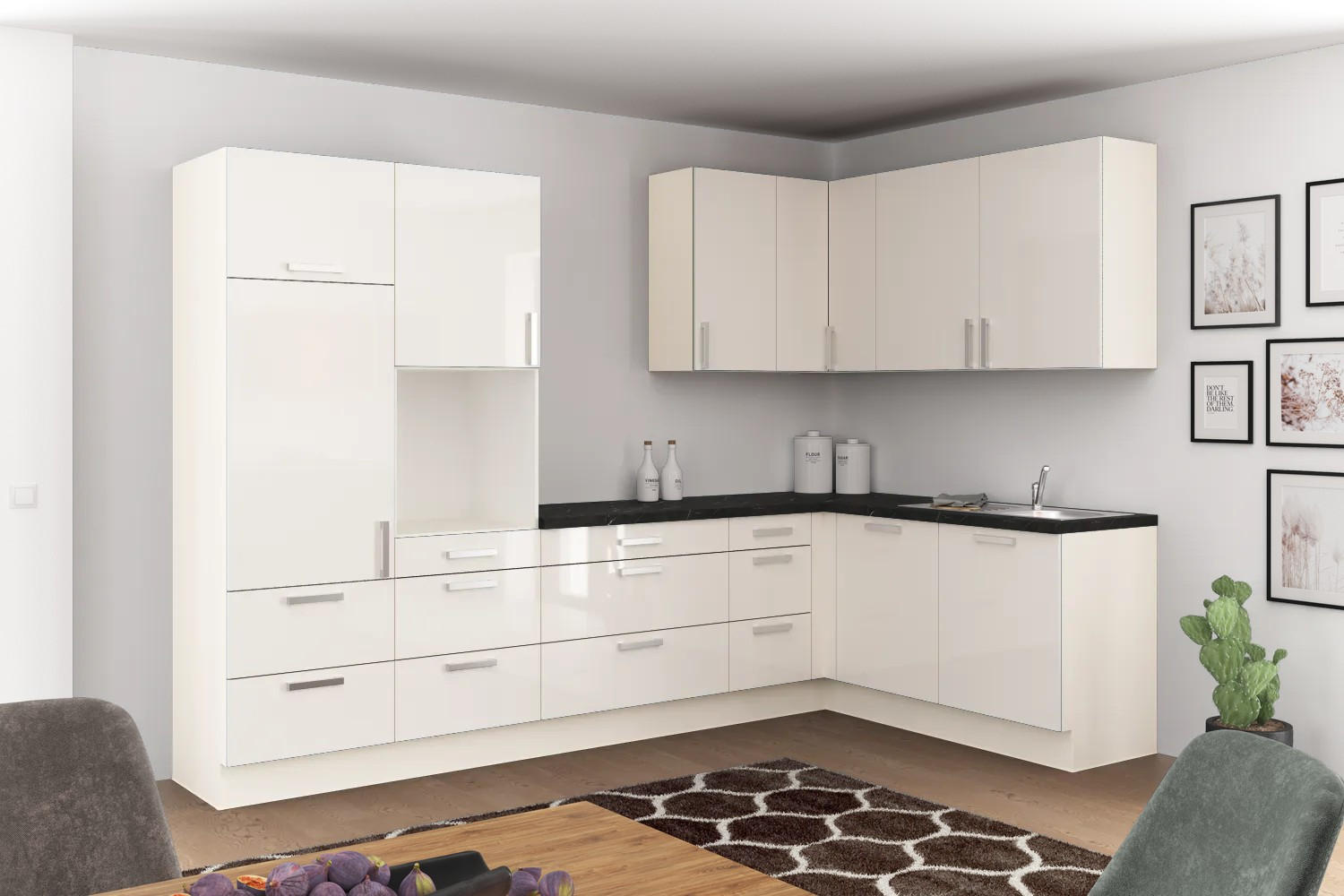 Eckküche Ip4050 ohne Geräte 320x185 cm Magnolie/Schwarz