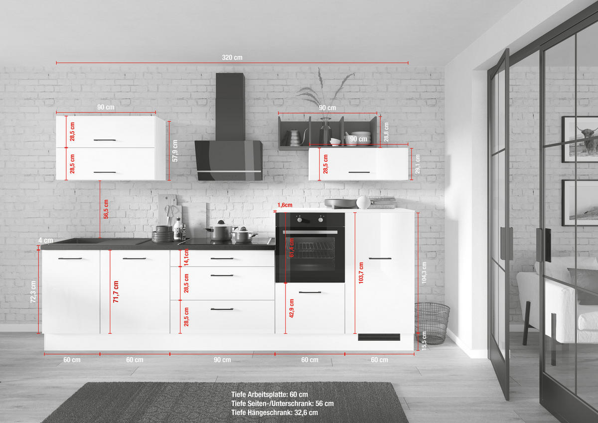 KÜCHENLEERBLOCK 320 cm   Weiss Hochglanz  - Weiss Hochglanz/Weiss, Design, Holzwerkstoff/Metall (320cm) - Impuls