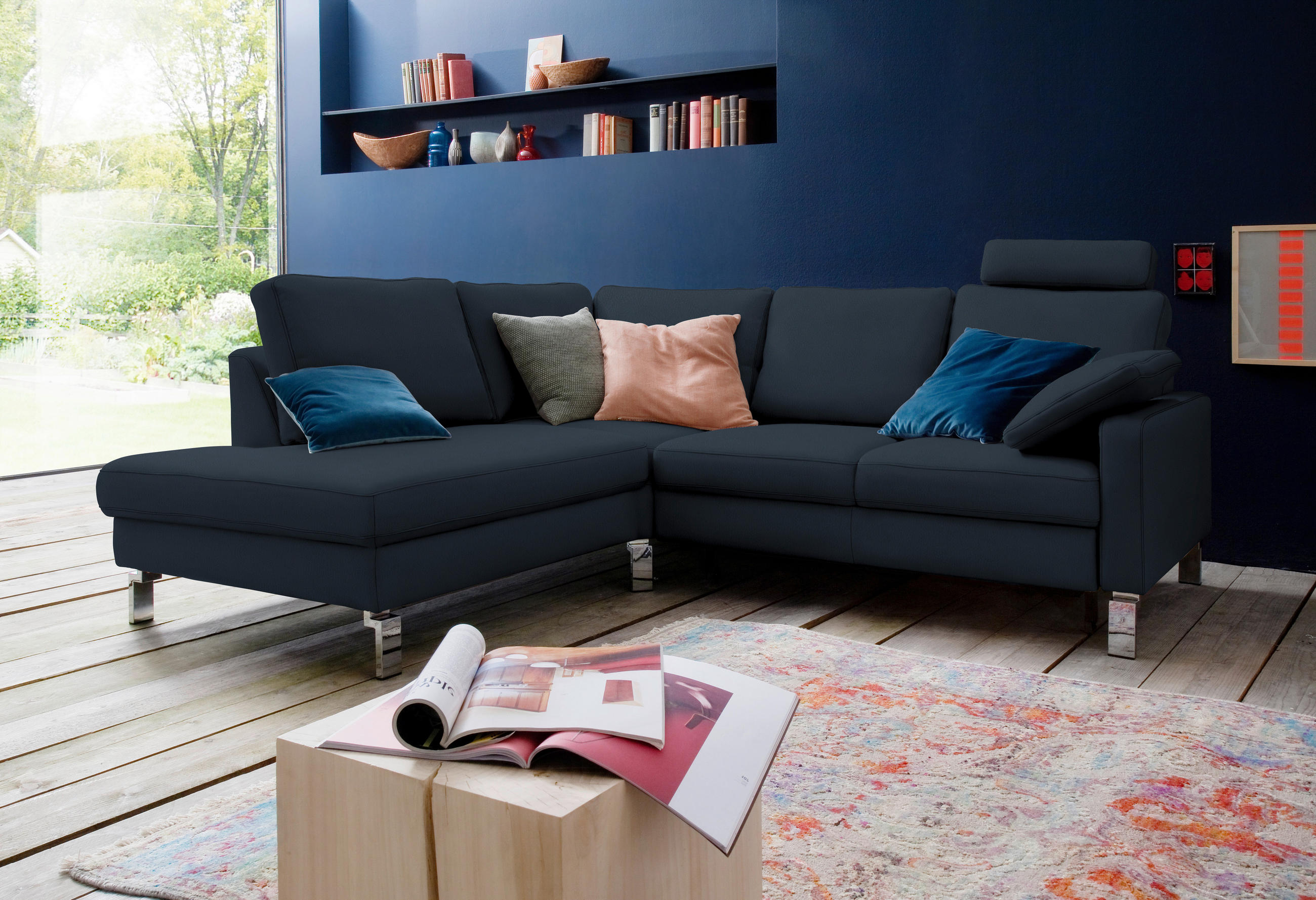 ECKSOFA in Echtleder Dunkelblau  - Chromfarben/Dunkelblau, Design, Leder/Metall (200/281cm) - Pure Home Lifestyle