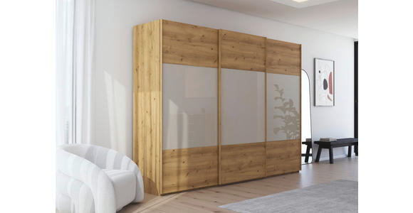 SCHWEBETÜRENSCHRANK  in Eichefarben, Champagner  - Champagner/Eichefarben, KONVENTIONELL, Glas/Holz (301/223/68cm) - Novel