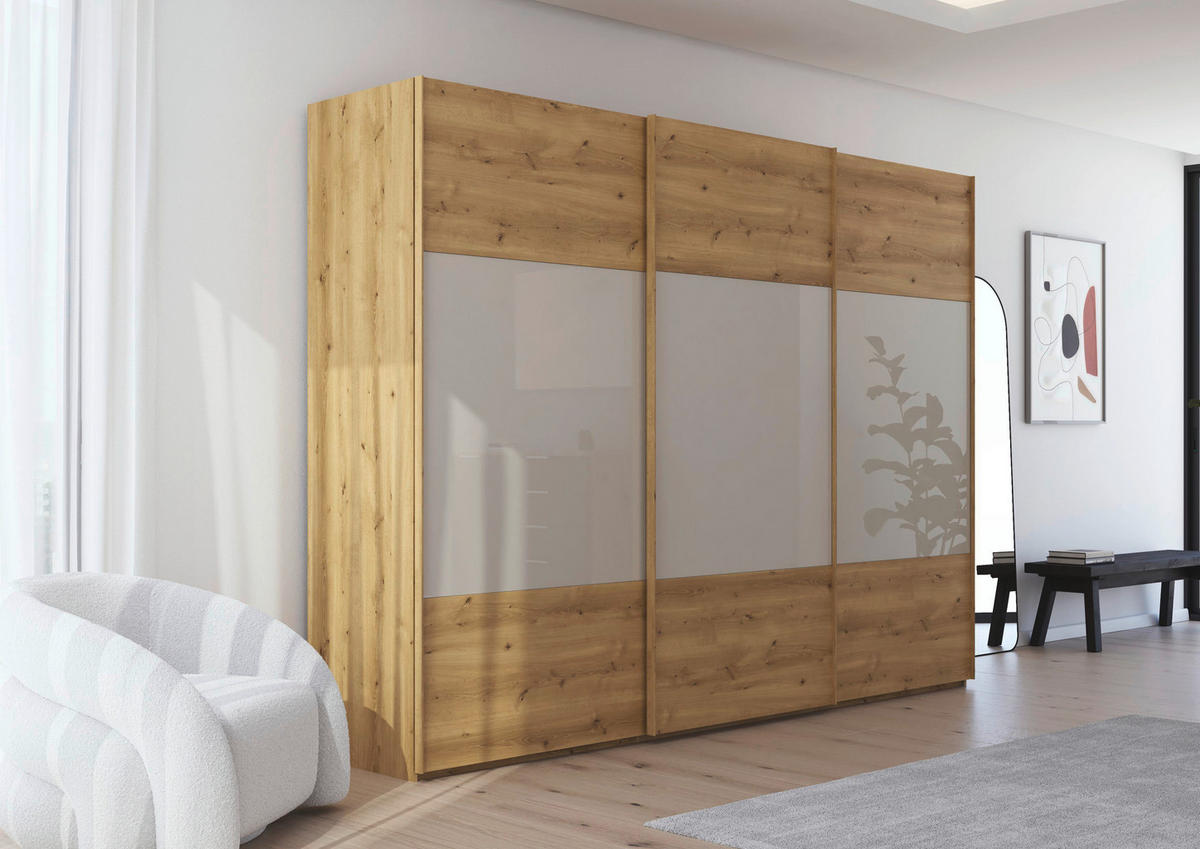 SCHWEBETÜRENSCHRANK  in Eichefarben, Champagner  - Champagner/Eichefarben, KONVENTIONELL, Glas/Holz (301/223/68cm) - Novel