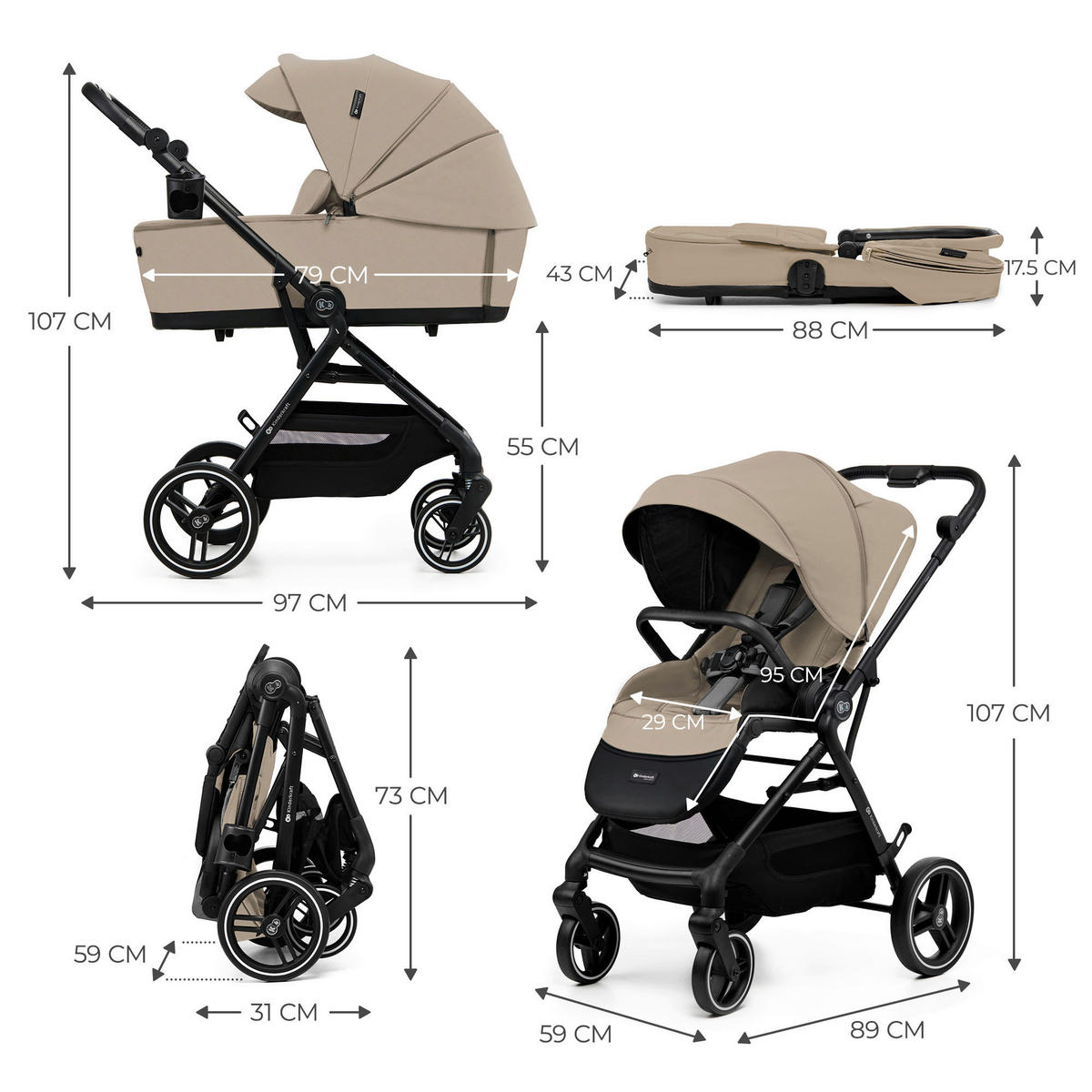 KINDERWAGEN Yoxi 3in1  - Schwarz Hochglanz/Beigebraun, Basics, Kunststoff/Textil (107/59/97cm) - Kinderkraft