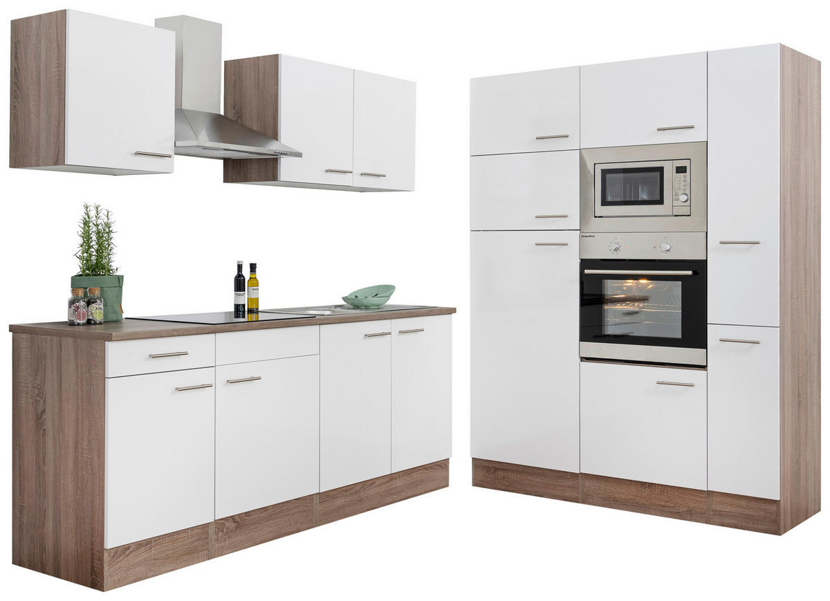KÜCHENBLOCK 360 cm   in Eichefarben, Weiss  - Weiss/Edelstahlfarben, Design, Holzwerkstoff/Metall (360cm) - Respekta
