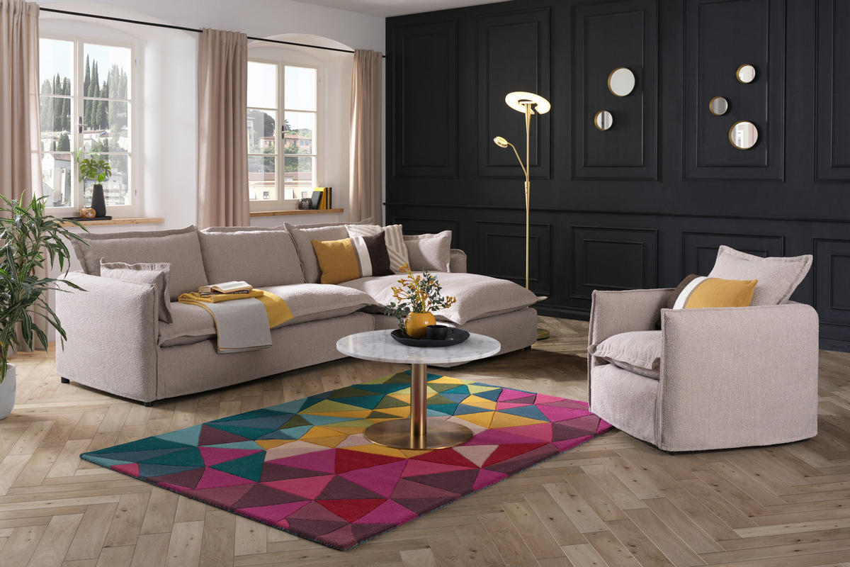 HUSSEN-ECKSOFA in Flachgewebe, Bouclé Beige  - Beige/Schwarz, Trend, Textil/Metall (295/165cm) - Livetastic