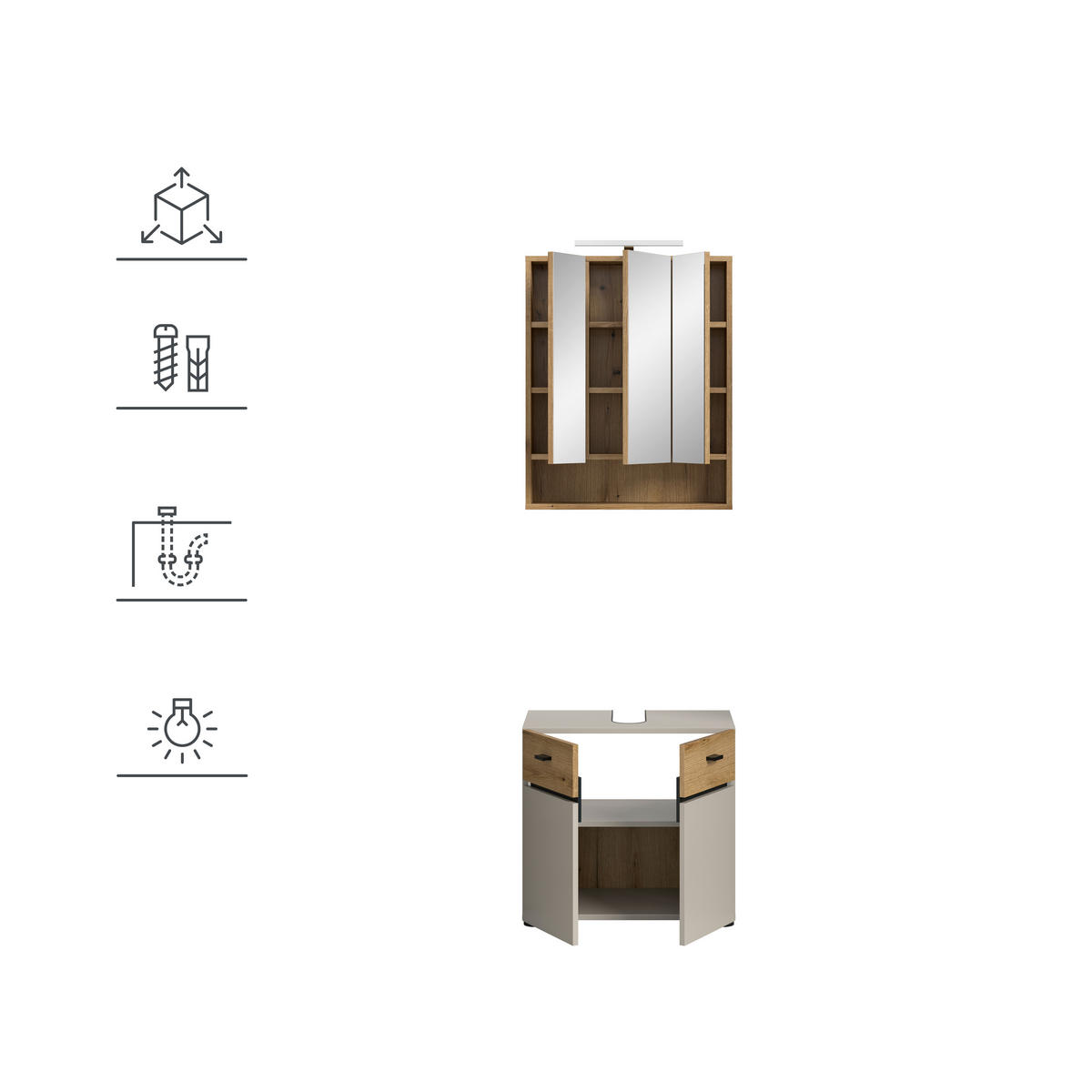 BADEZIMMER 2-teilig  in 60 cm  - Kaschmir/Eichefarben, Trend, Glas/Holzwerkstoff (60cm) - MID.YOU