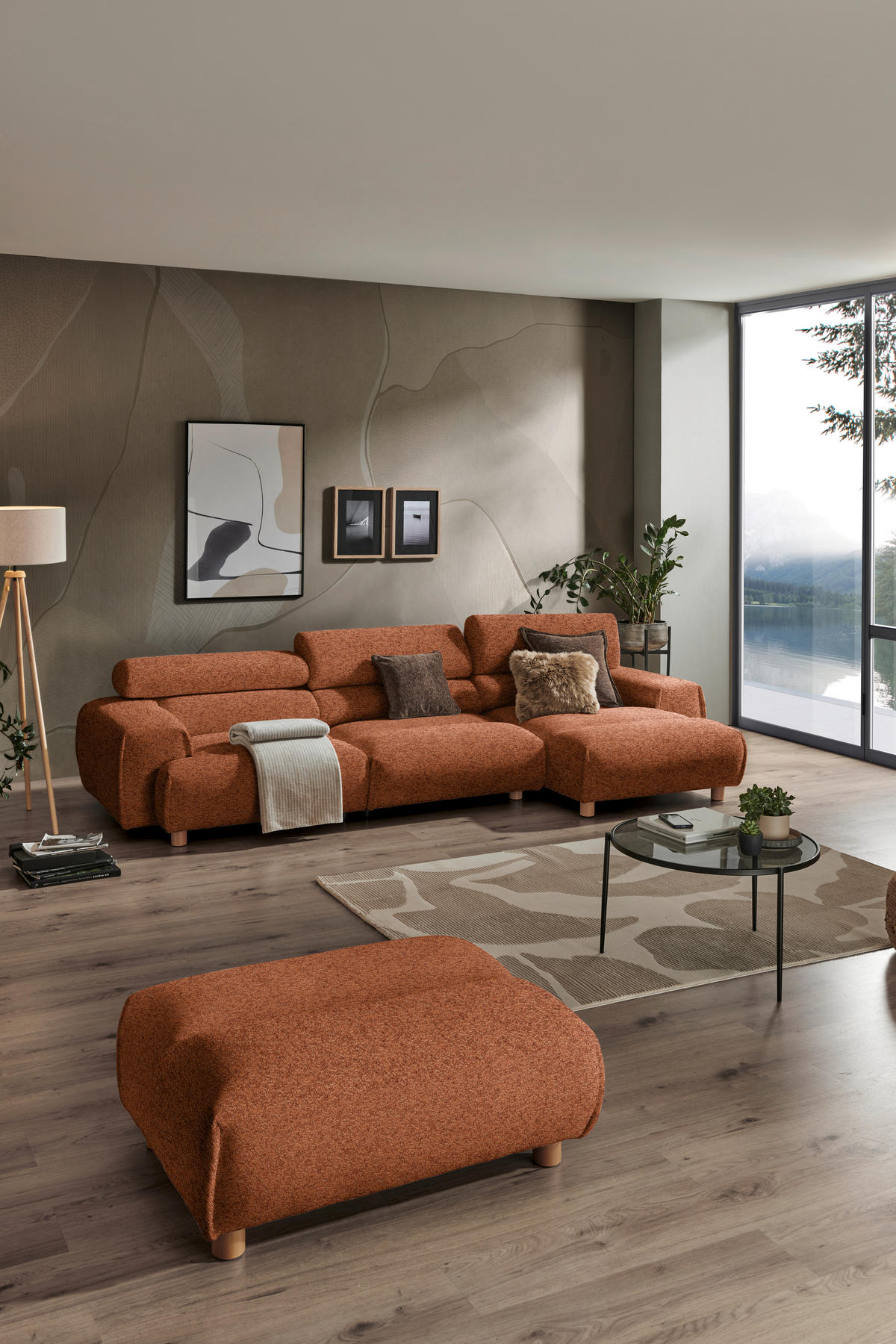 ECKSOFA in Velours Terracotta  - Buchefarben/Terracotta, Design, Holz/Textil (329/150cm) - Lomoco