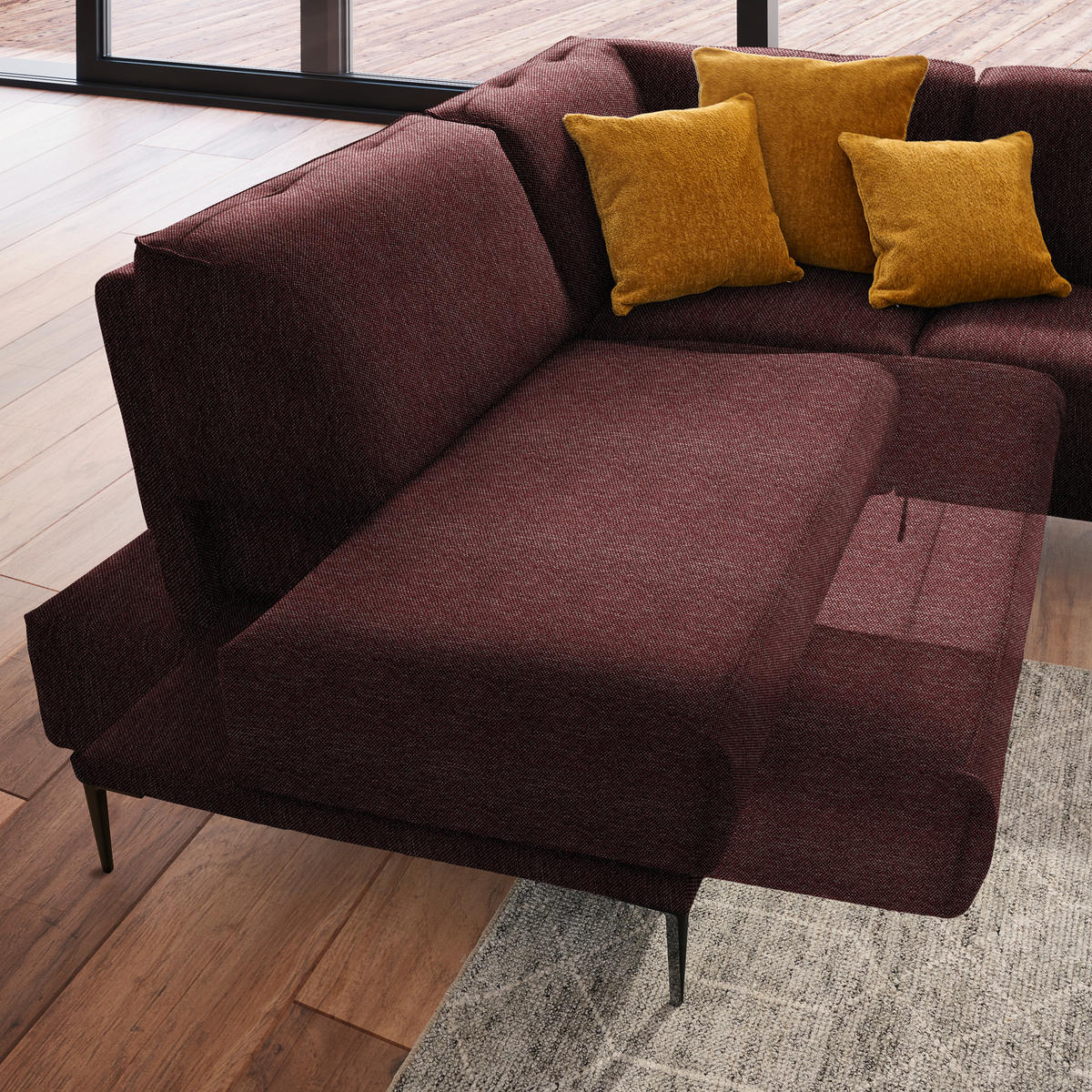 ECKSOFA in Flachgewebe Weinrot  - Weinrot/Schwarz, Design, Textil/Metall (210/260cm) - Johann Jakob