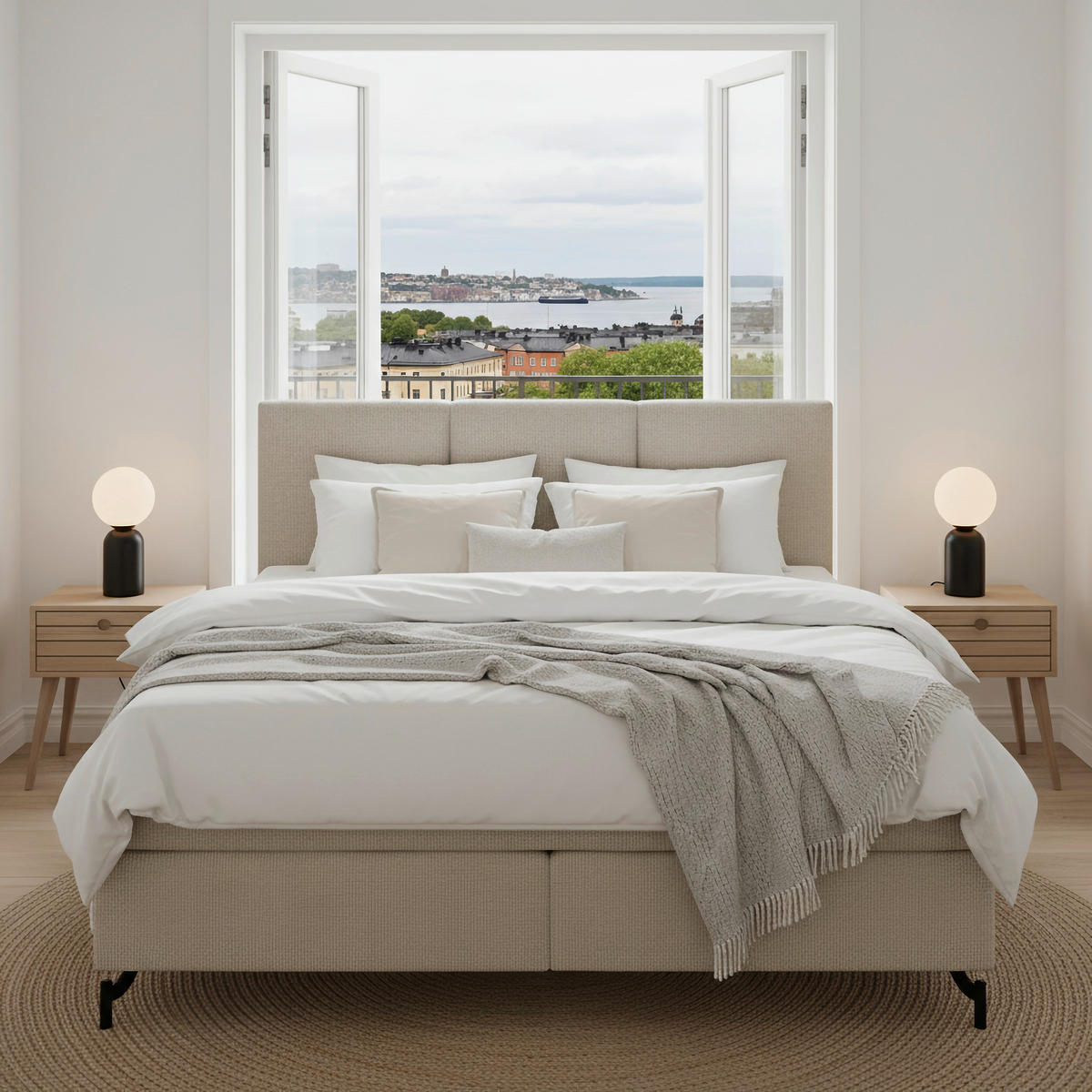 KONTINENTALSÄNG 180/200 cm  i beige  - beige/svart, Klassisk, metall/textil (180/200cm) - Novel