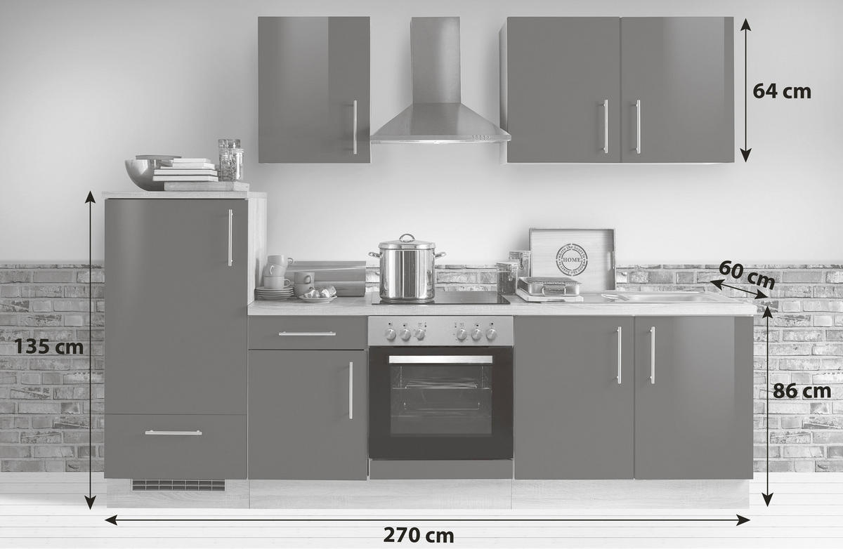 KÜCHENBLOCK 270 cm   in Dunkelbraun, Sonoma Eiche  - Dunkelbraun/Silberfarben, KONVENTIONELL, Holzwerkstoff/Metall (270cm) - Menke