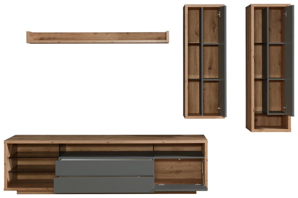 WOHNWAND  in Grau, Eiche Artisan 300/183,6/42 cm  - Eiche Artisan/Grau, Design, Glas/Holzwerkstoff (300/183,6/42cm) - Stylife