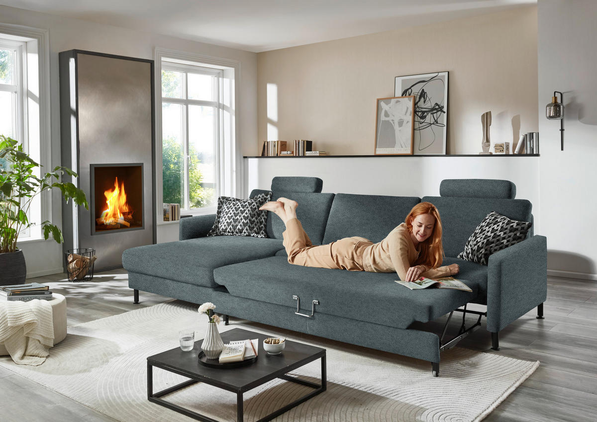 ECKSOFA  in Chenille, Flachgewebe Blau  175/316 cm  - Blau/Schwarz, Design, Textil/Metall (175/316cm) - Dieter Knoll