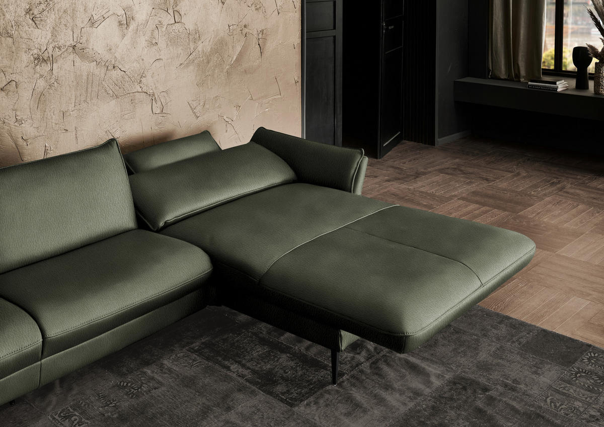 ECKSOFA in Echtleder Dunkelgrün  - Dunkelgrün/Schwarz, Design, Leder/Metall (334/172cm) - Hukla