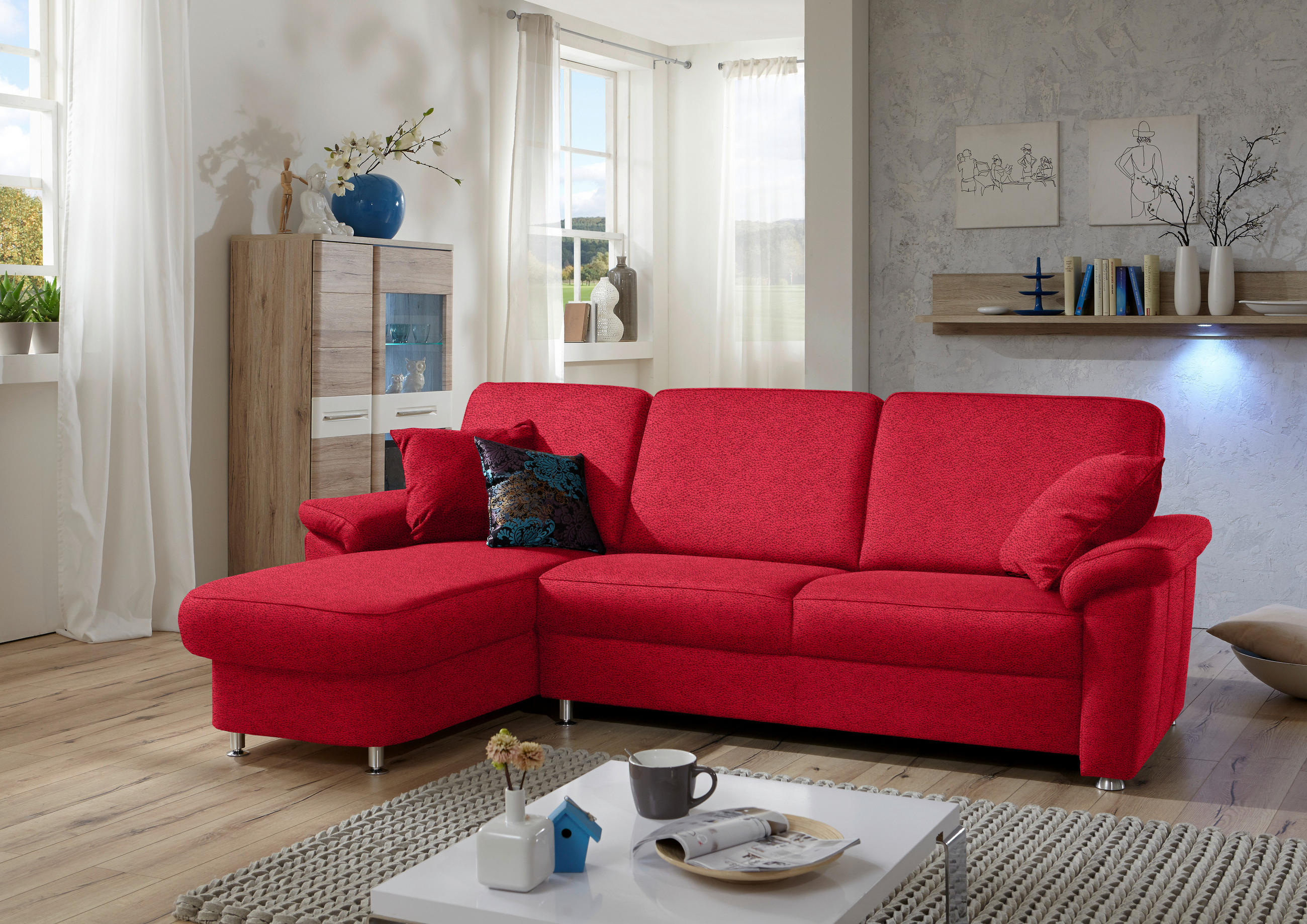 ECKSOFA in Flachgewebe Hellrot  163/250 cm  - Chromfarben/Hellrot, KONVENTIONELL, Textil/Metall (163/250cm) - Beldomo System