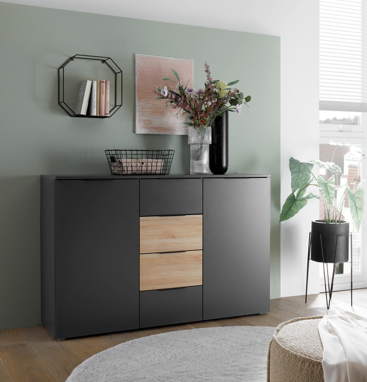 SIDEBOARD  in 135/89/40 cm  - Eichefarben/Schwarz, KONVENTIONELL, Holzwerkstoff/Kunststoff (135/89/40cm) - Carryhome