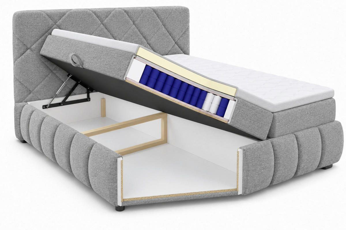 BOXBETT 200/200 cm,  in Silberfarben, gepolstertes Kopfteil, Bettkasten, Topper, Matratzen, H3 + H3 = fest  - Silberfarben/Schwarz, Design, Kunststoff/Textil (200/200cm) - Chameo
