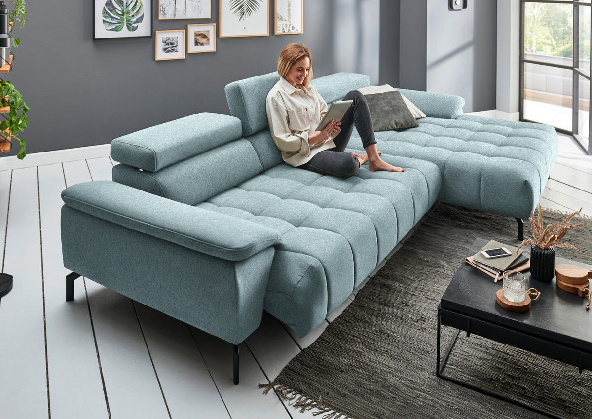 ECKSOFA in Chenille Hellblau  - Schwarz/Hellblau, Design, Textil/Metall (329/190cm) - Beldomo Style