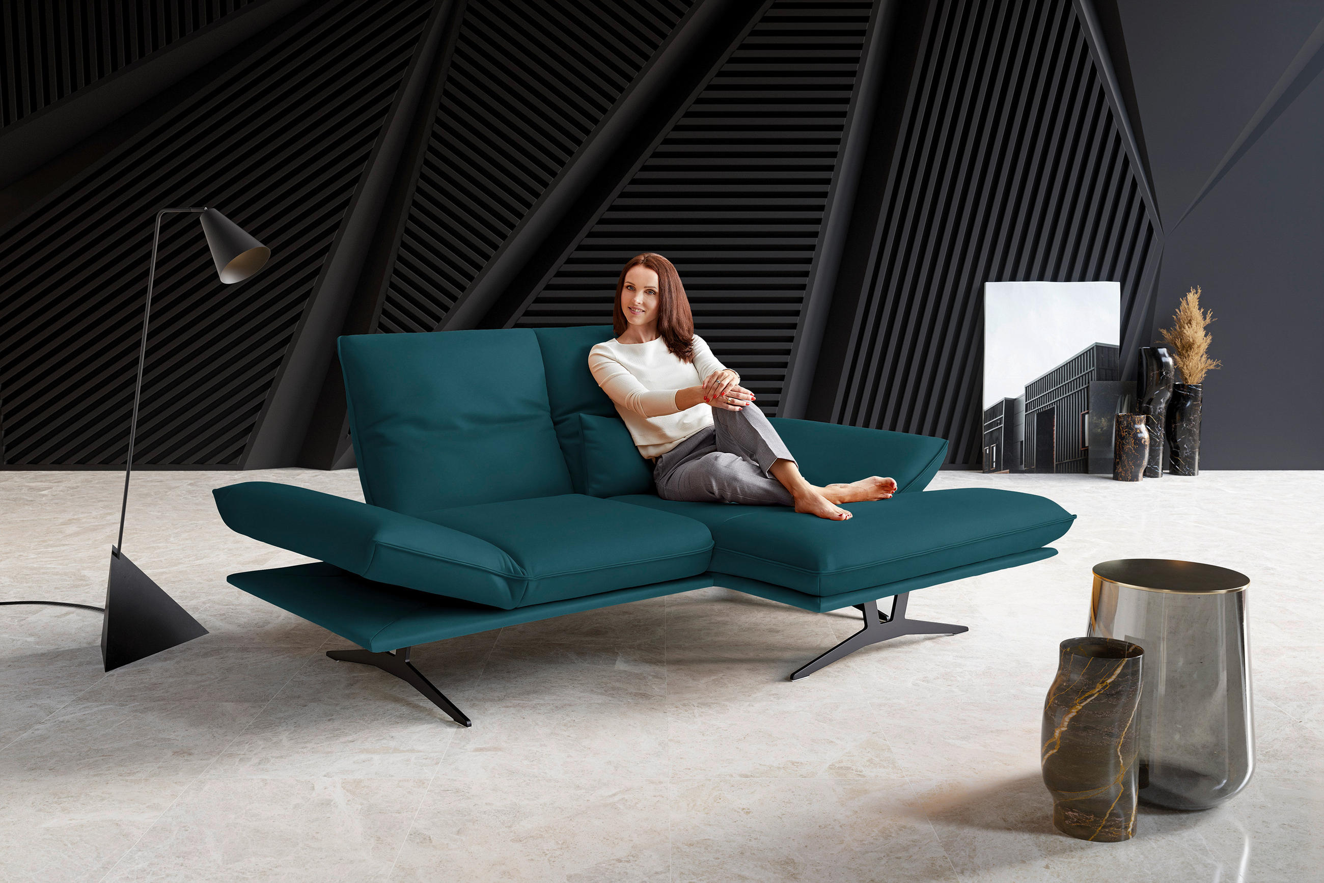 ECKSOFA in Echtleder Petrol  210/130 cm  - Petrol/Schwarz, Design, Leder/Metall (210/130cm) - Dieter Knoll