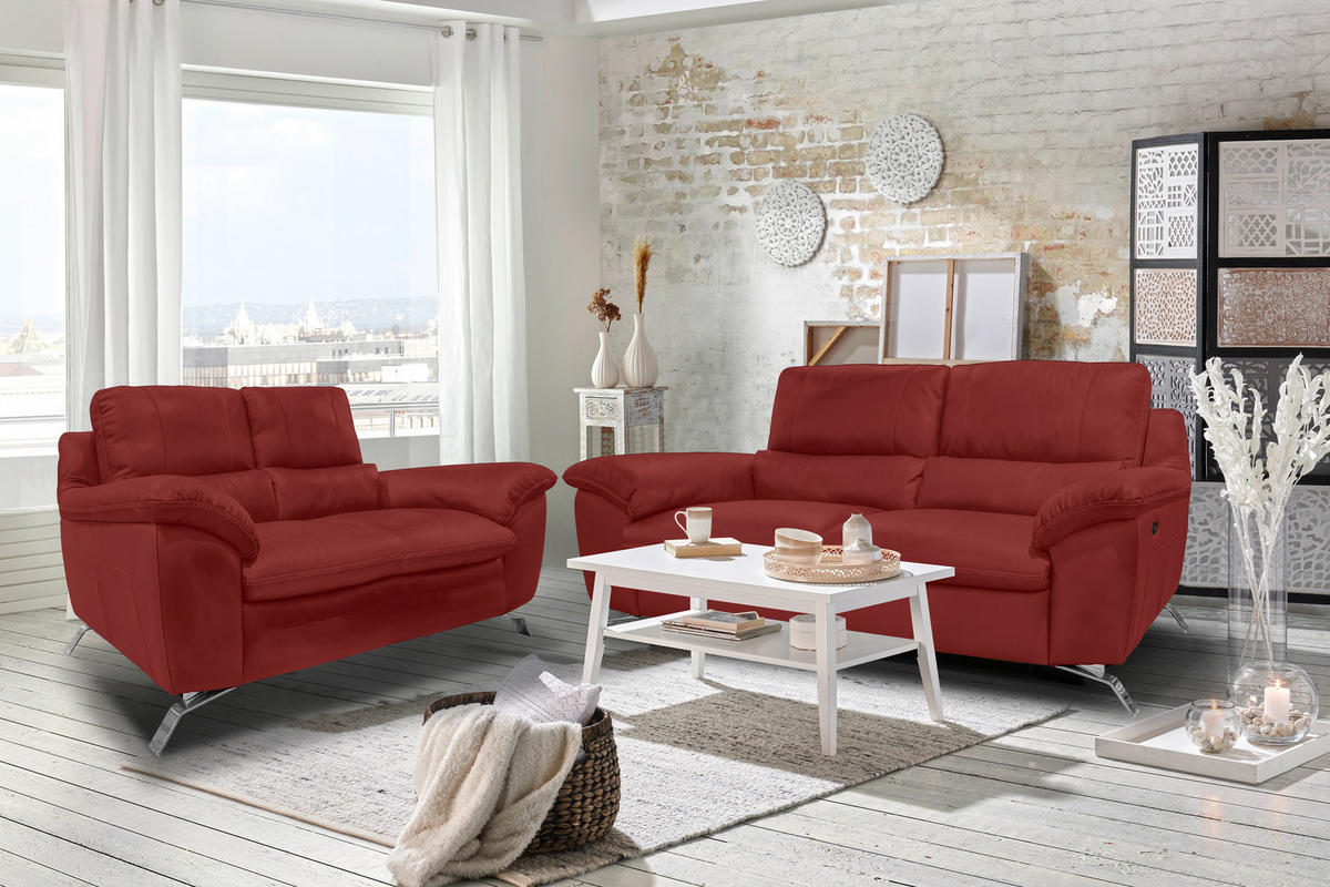 2,5-SITZER mit Relaxfunktion in Kombination Echtleder/Lederlook Rot  - Silberfarben/Rot, Design, Leder/Metall (216/97/95-151cm) - Livetastic