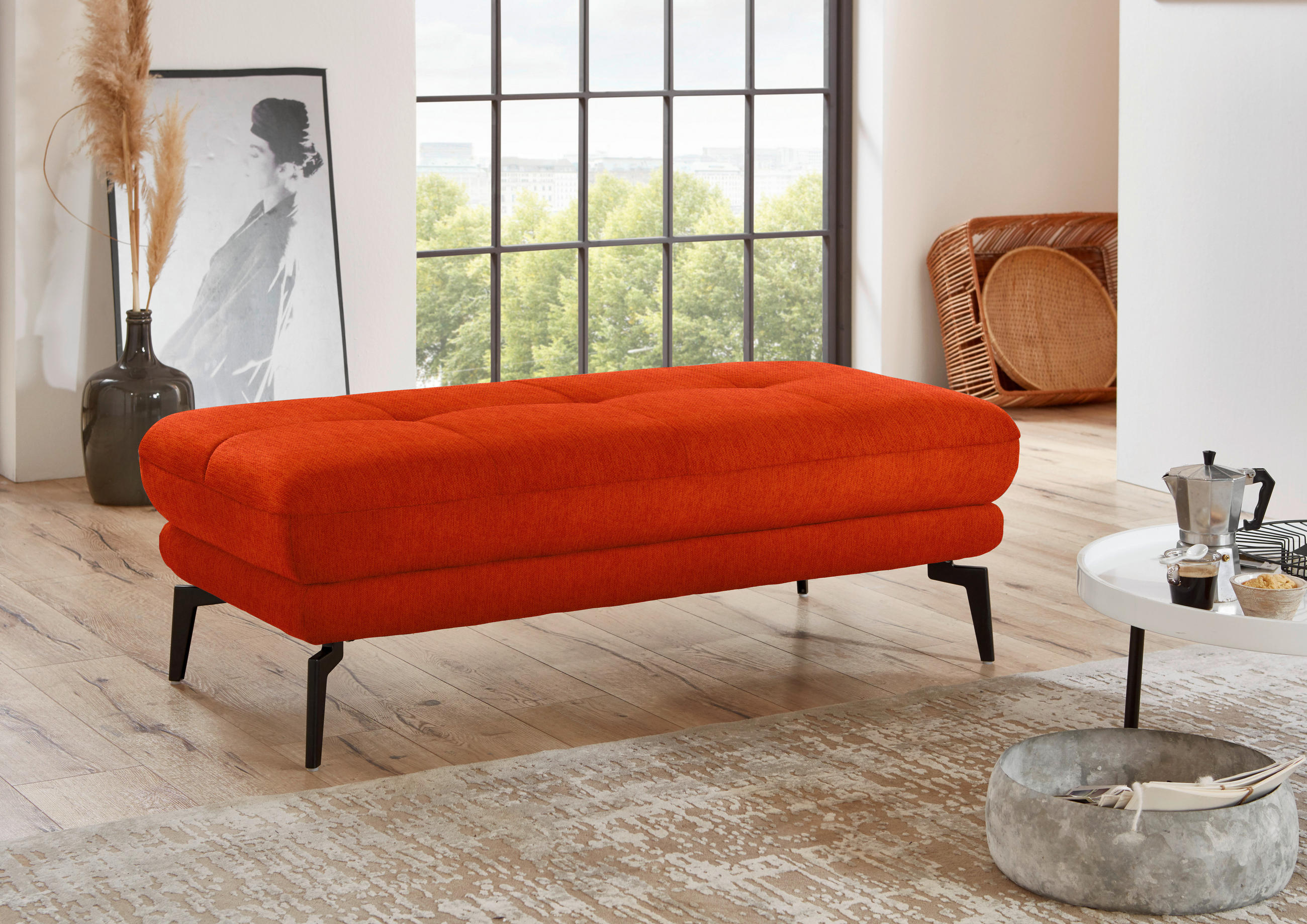 HOCKER in Textil Orange  - Schwarz/Orange, Design, Textil/Metall (132/45/68cm) - Beldomo Style