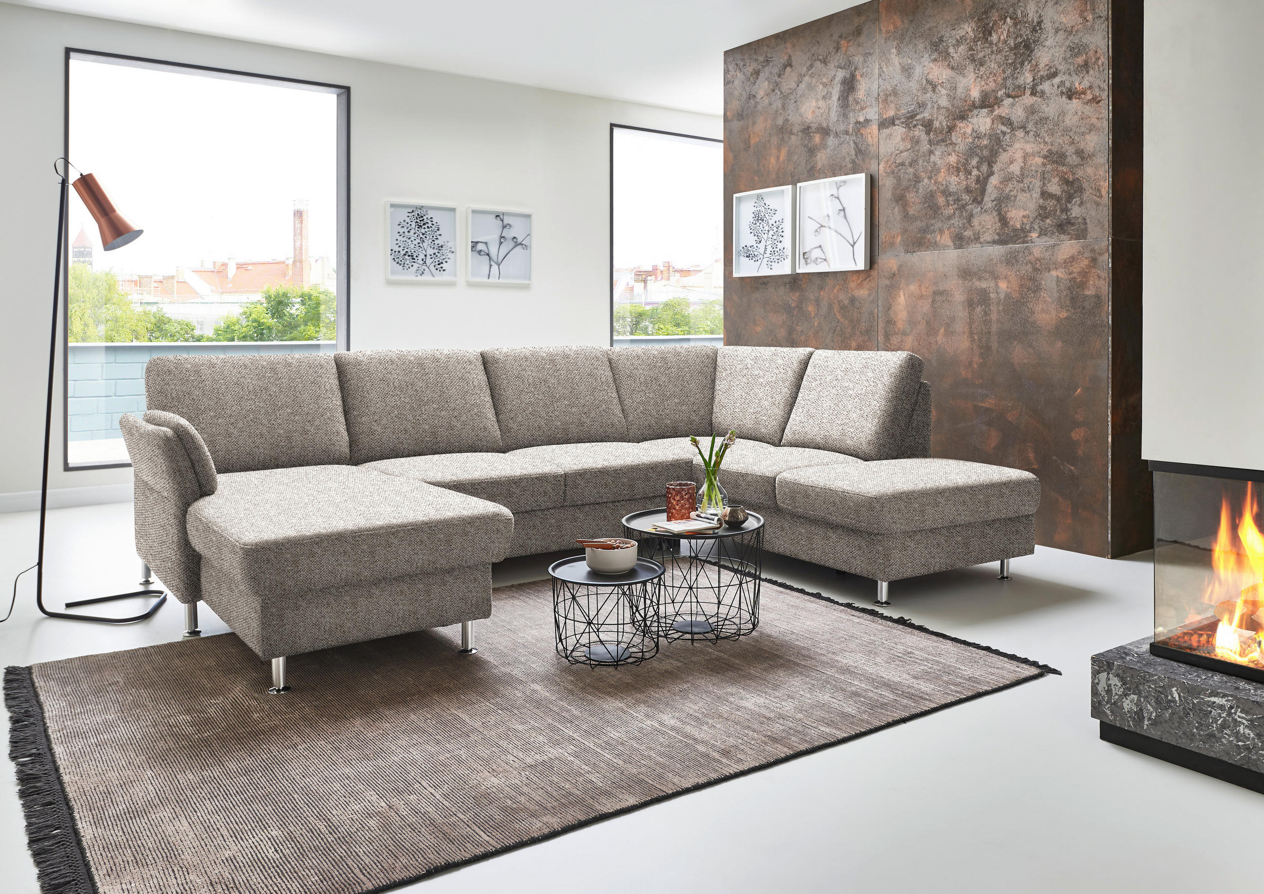 WOHNLANDSCHAFT in Flachgewebe Graubraun  - Chromfarben/Graubraun, Konventionell, Textil/Metall (168/305/200cm) - Beldomo System