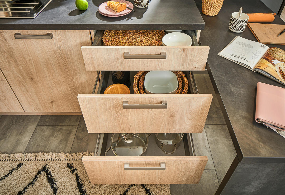 EINBAUKÜCHE   - Dunkelgrün/Eichefarben, Design, Holzwerkstoff - Celina