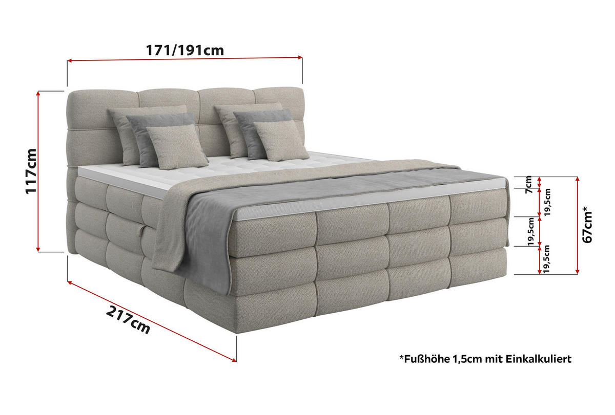 BOXSPRINGBETT 180/200 cm,  in Elfenbein, gepolstertes Kopfteil, Bettkasten, Topper, Matratzen, H3 + H3 = fest  - Elfenbein/Schwarz, Design, Kunststoff/Textil (180/200cm) - Chameo