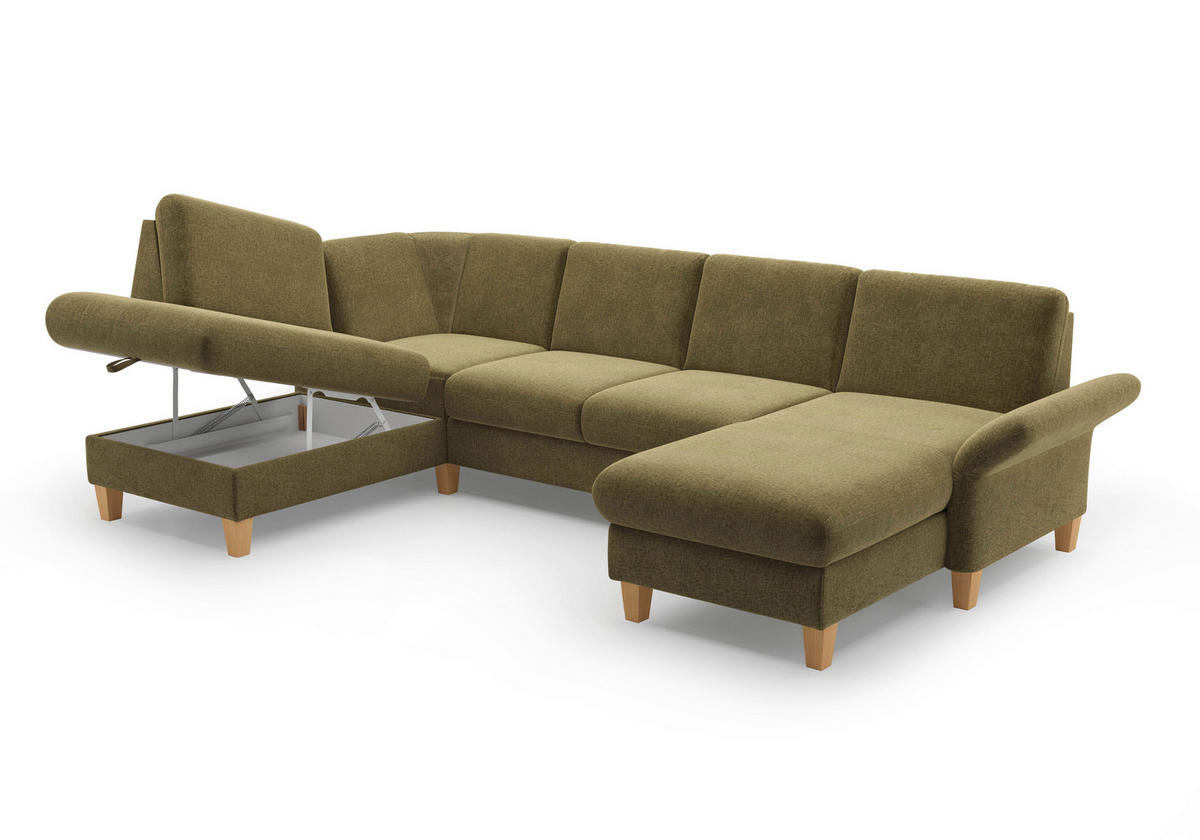 WOHNLANDSCHAFT Olivgrün Flachgewebe  - Eichefarben/Olivgrün, KONVENTIONELL, Holz/Textil (195/314/164cm) - Sit & More