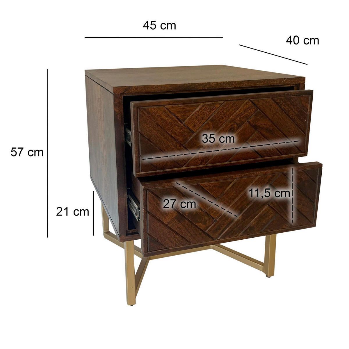 NACHTTISCH  in massiv Akazie Dunkelbraun  - Dunkelbraun/Goldfarben, Natur, Holz/Metall (45/40/57cm) - Livetastic