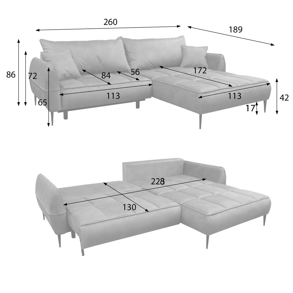 ECKSOFA Blau Velours  - Blau/Schwarz, Design, Textil/Metall (260/189cm) - MID.YOU