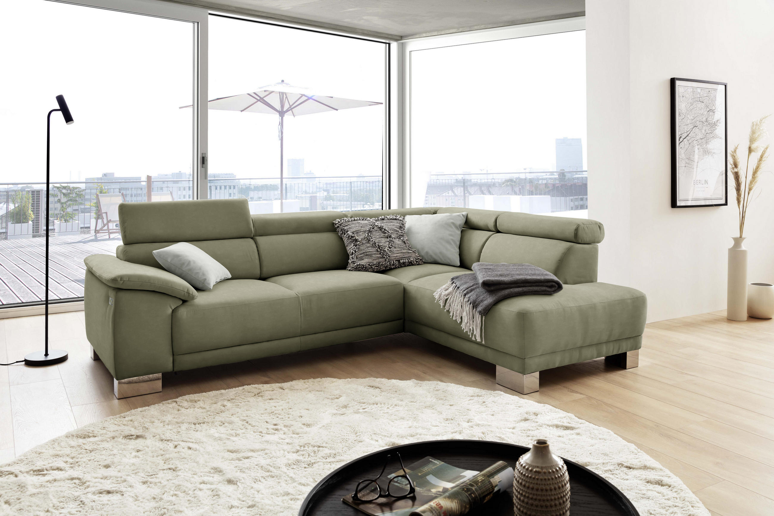 ECKSOFA in Mikrofaser Olivgrün  - Chromfarben/Olivgrün, Design, Holz/Textil (270/205cm) - Pure Home Lifestyle