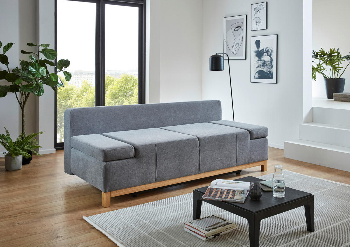 SCHLAFSOFA Webstoff Grau  - Eichefarben/Grau, KONVENTIONELL, Holz/Textil (202/90/97cm) - Carryhome