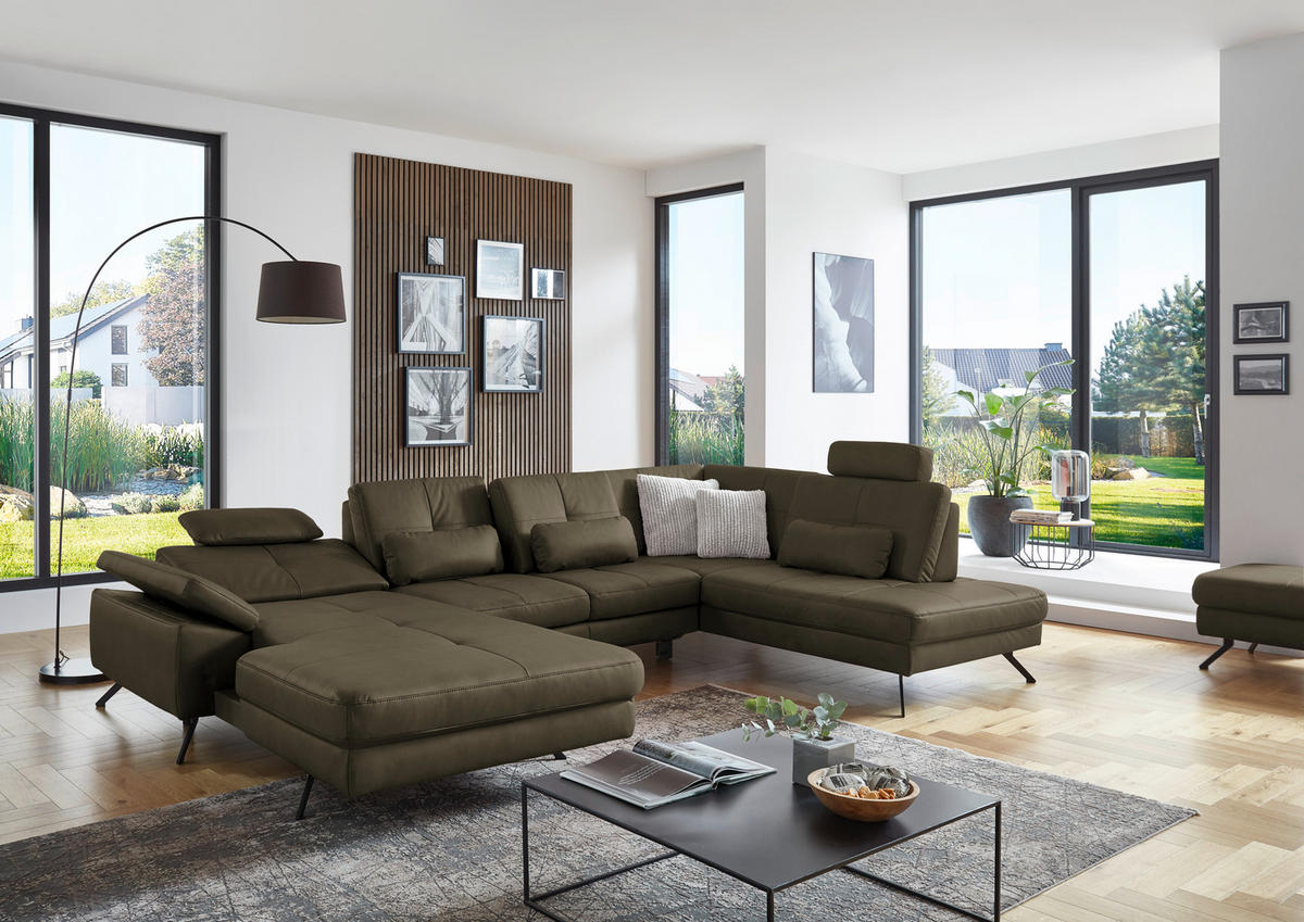 WOHNLANDSCHAFT in Lederlook, Mikrofaser Olivgrün  - Schwarz/Olivgrün, Design, Textil/Metall (345/220cm) - Beldomo System