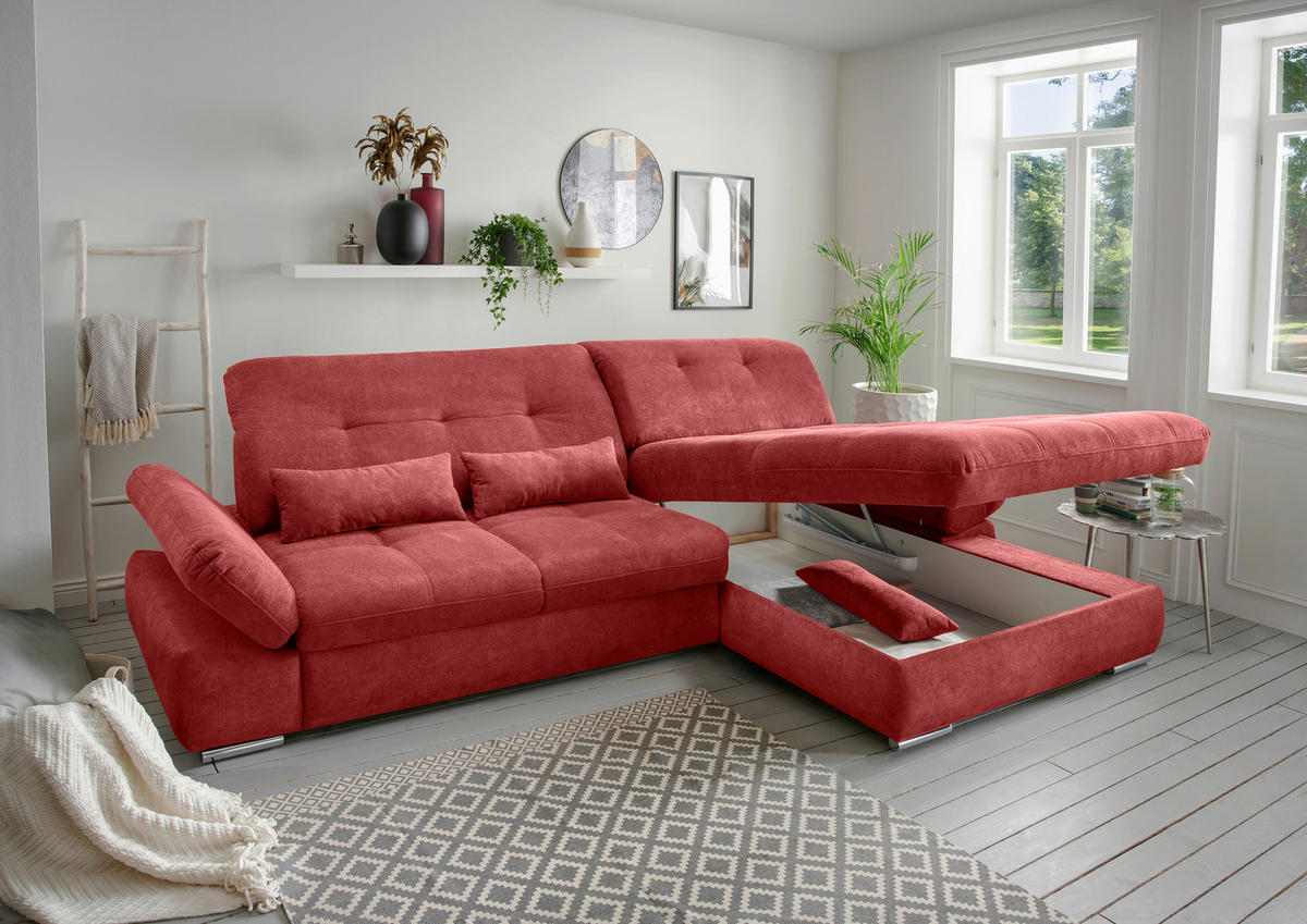 ECKSOFA Chenille Rot  - Chromfarben/Rot, Modern, Textil/Metall (300/196cm) - Livetastic