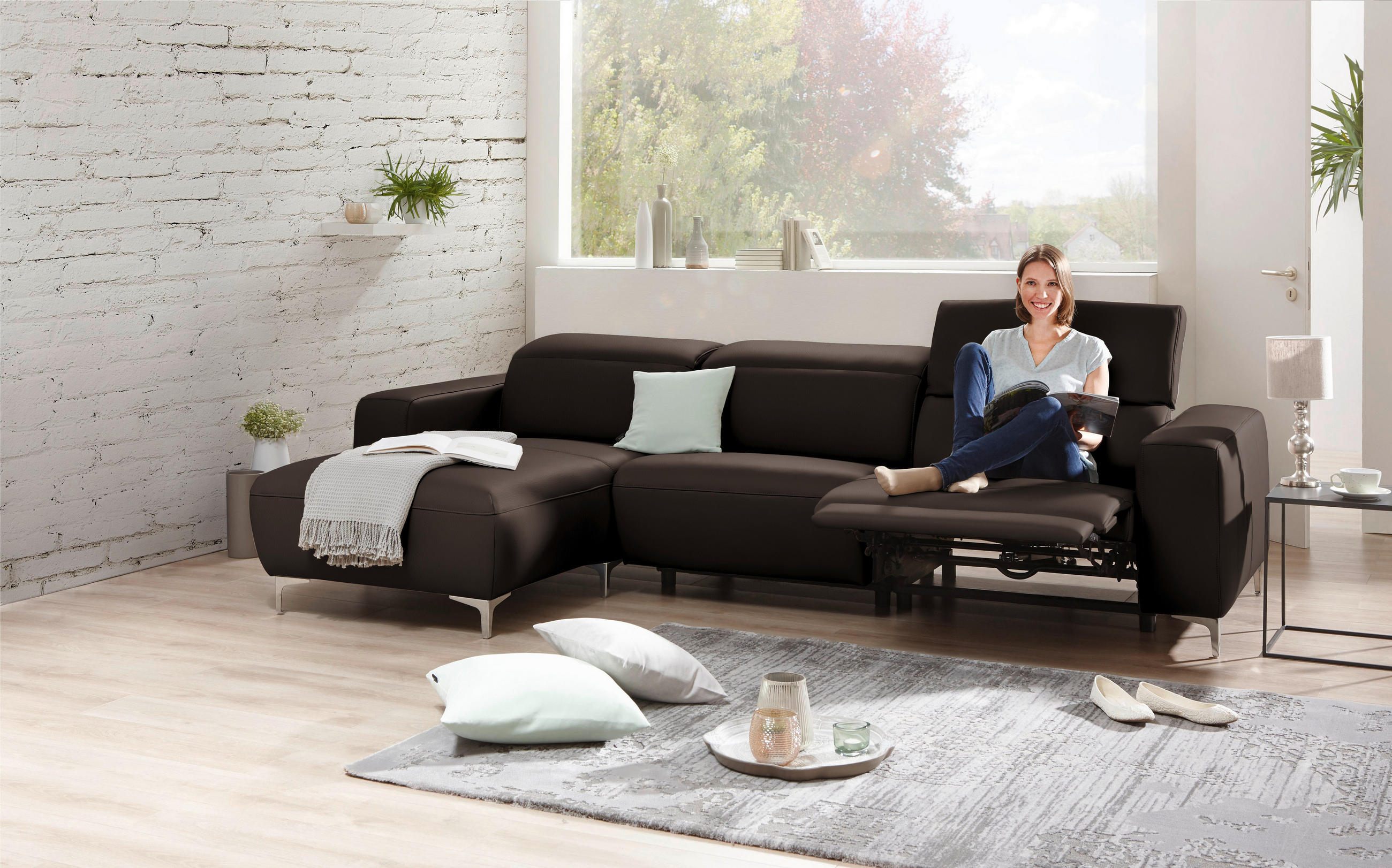 ECKSOFA in Echtleder Dunkelbraun  - Chromfarben/Dunkelbraun, Design, Leder/Metall (177/292cm) - Pure Home Lifestyle