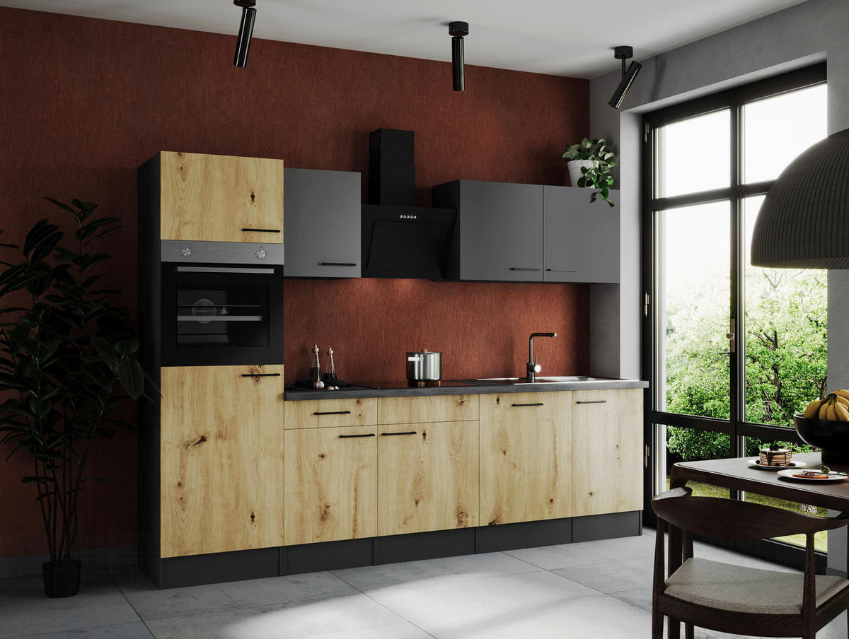 KÜCHENBLOCK 280 cm   in Grau, Eiche Artisan  - Schwarz/Eiche Artisan, Design, Holzwerkstoff/Metall (280cm) - Respekta