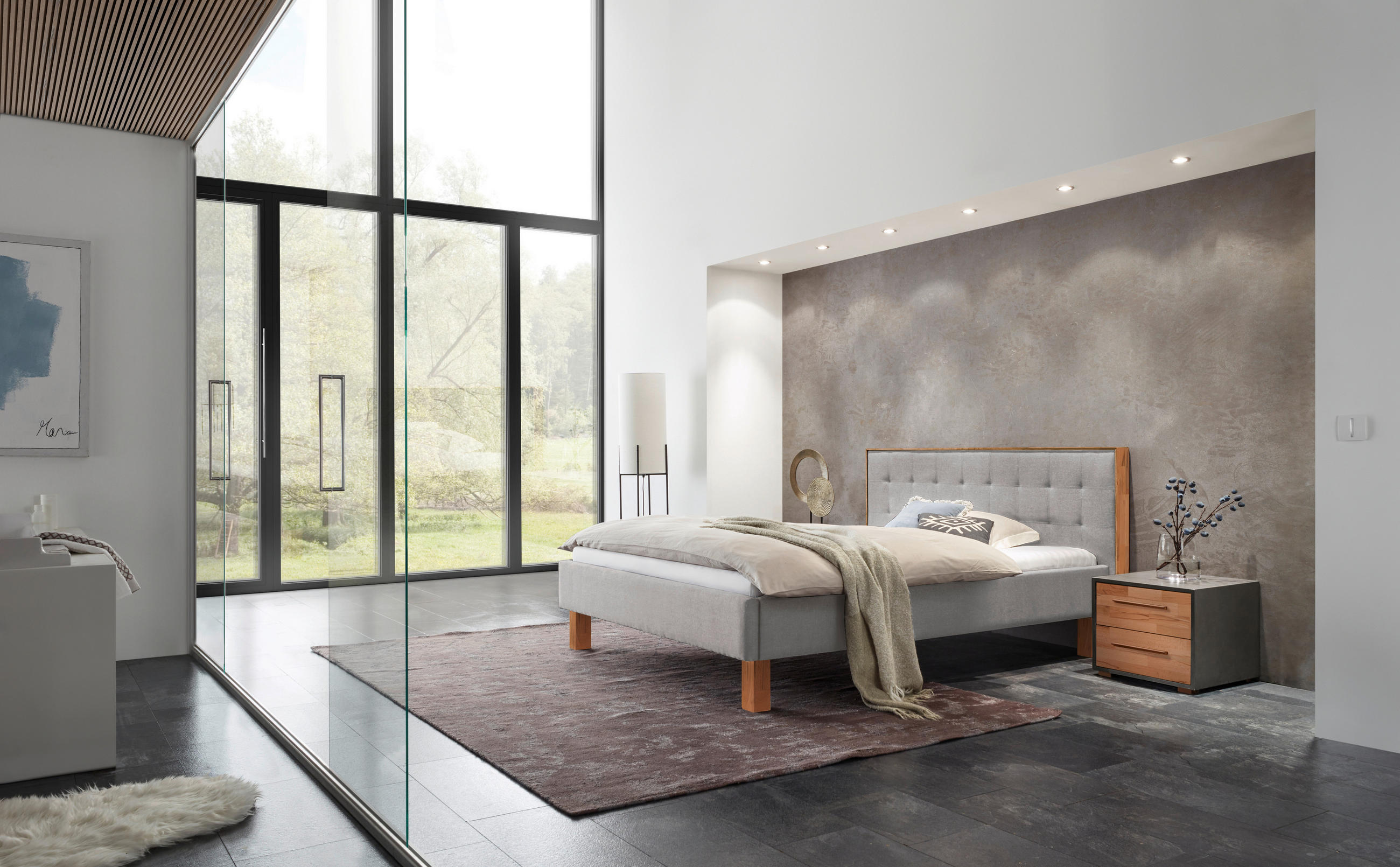 POLSTERBETT 180/200 cm in Grau, Buchefarben - Buchefarben/Grau, KONVENTIONELL, Holz/Textil (180/200cm) - Hasena