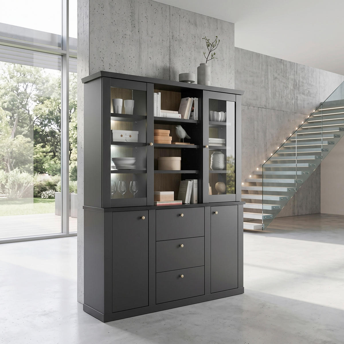 BUFFET 158/201/42 cm  in Schwarz, Eichefarben  - Eichefarben/Messingfarben, Design, Glas/Holzwerkstoff (158/201/42cm) - MID.YOU
