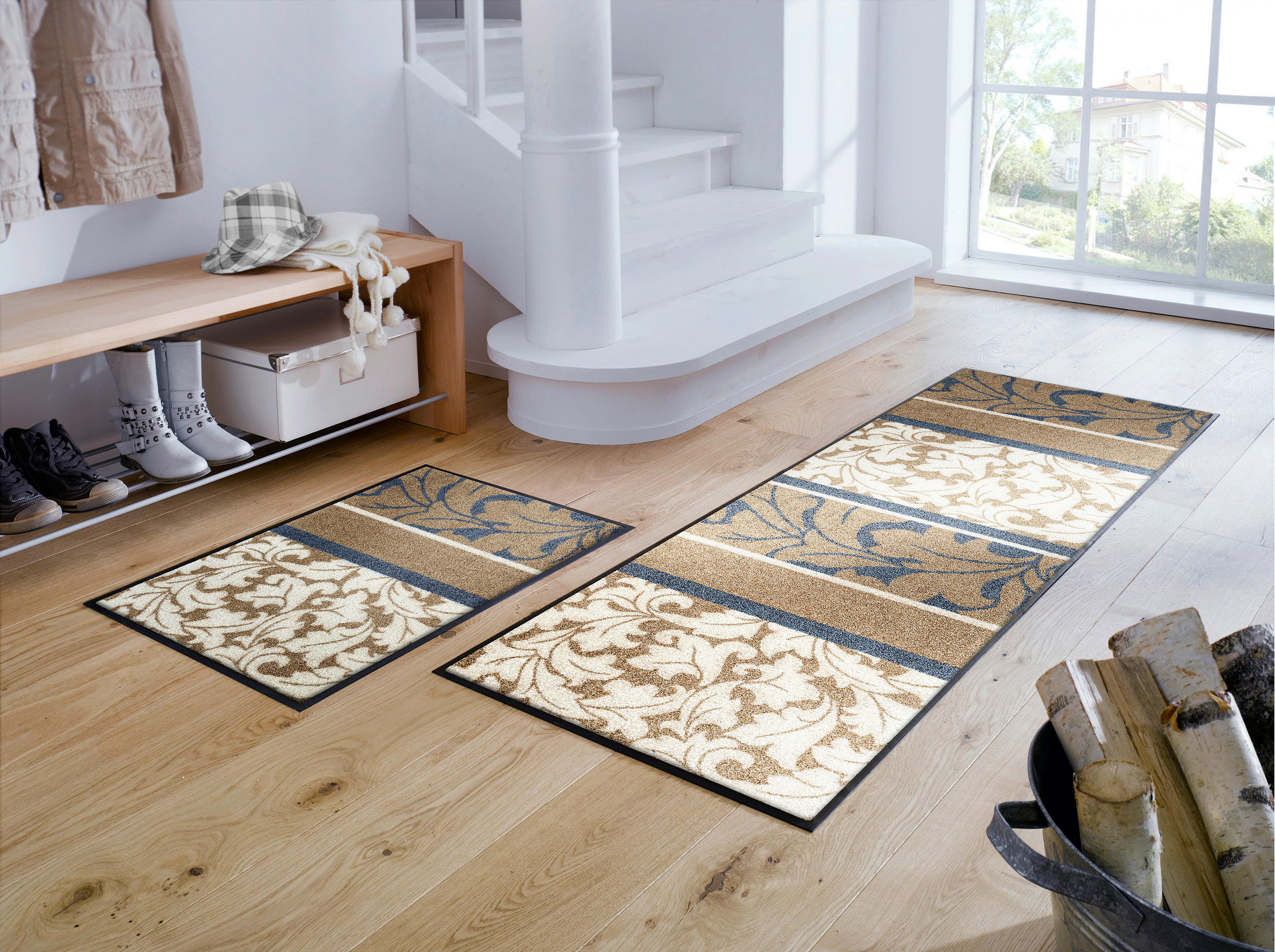 Thumbnail - wash+dry Läufer Sinfonia, Beige, Blau, Weiß, Textil, orientalisch, rechteckig, 60x180 cm, Textiles Vertrauen - Oeko-Tex®...