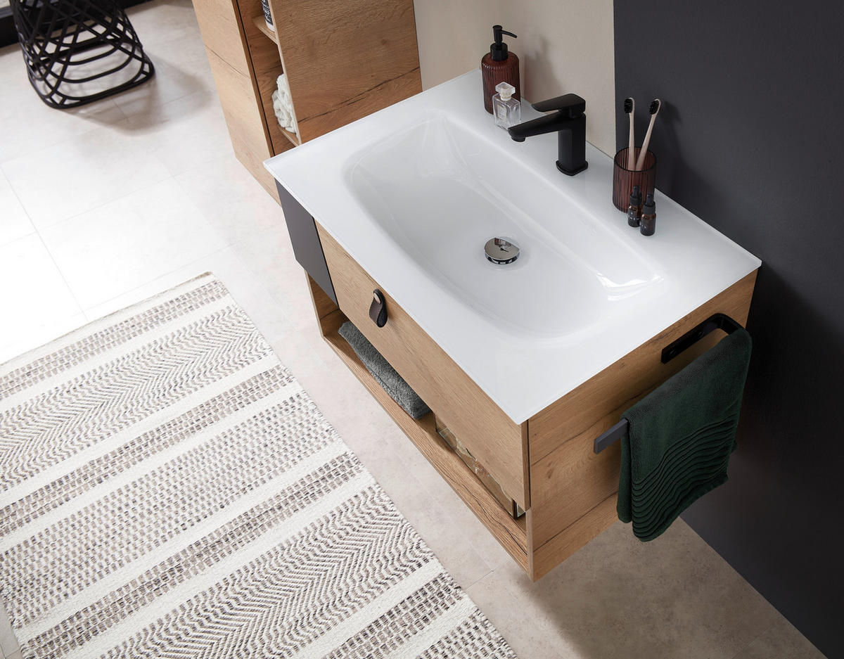 WASCHTISCHKOMBI 77 cm  - Eichefarben/Schwarz, KONVENTIONELL, Leder/Glas (77cm) - Sadena